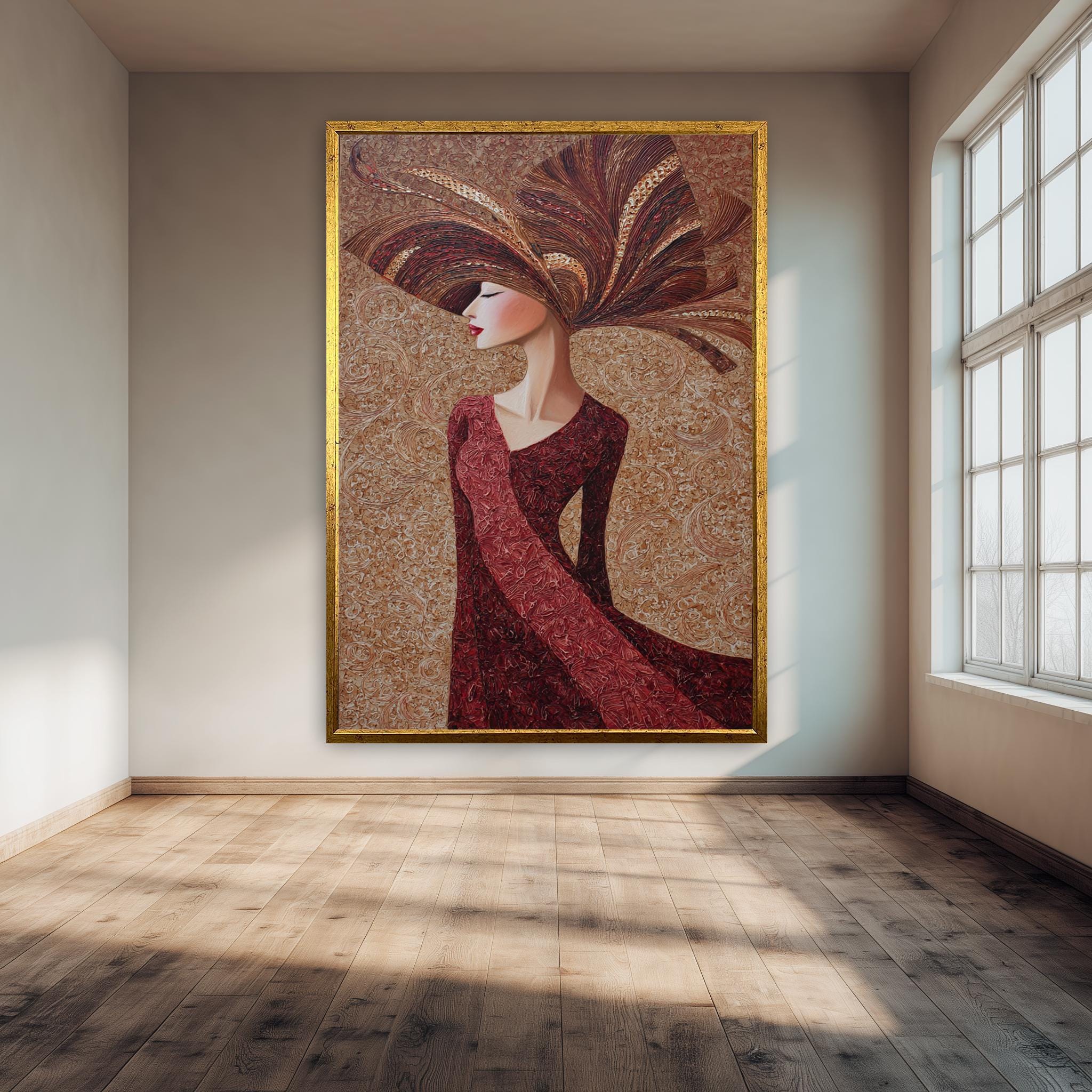 Feminine Wall Art – Elegant Woman Portrait With Red Dress & Fashion Hat Artwork