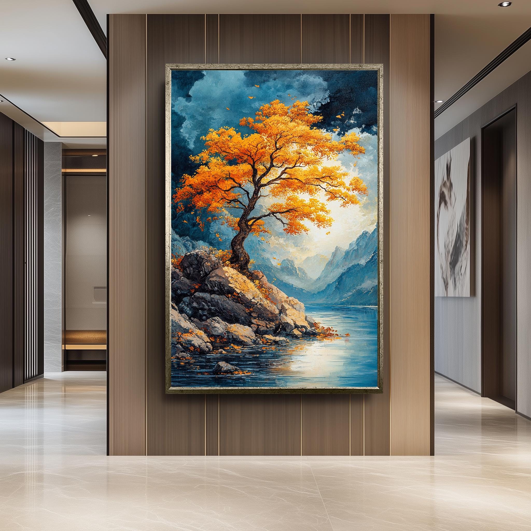 Golden Tree Wall Art – Autumn Mountain Landscape Canvas Print | Vibrant Nature Painting