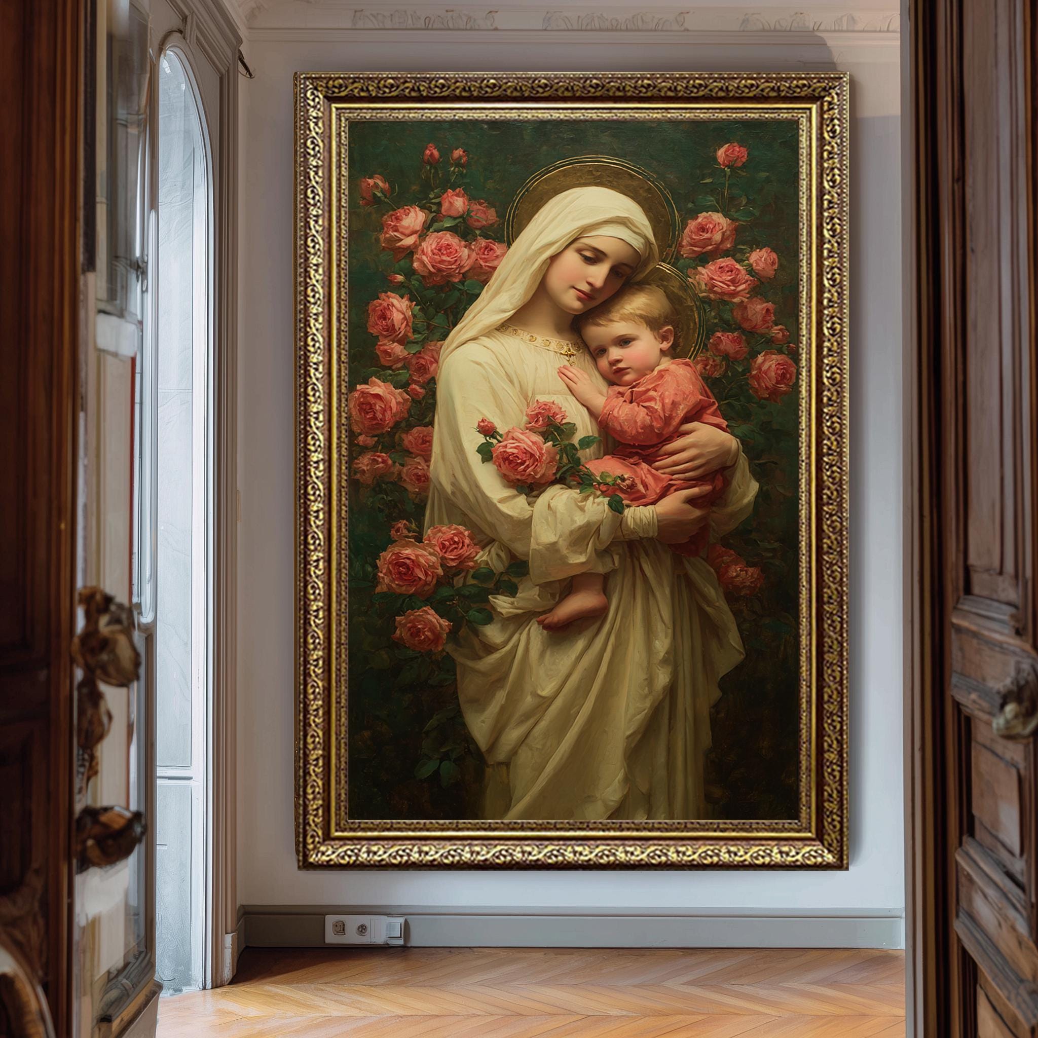 Virgin Mary Art Print – Floral Madonna Poster | Catholic Wall Decor