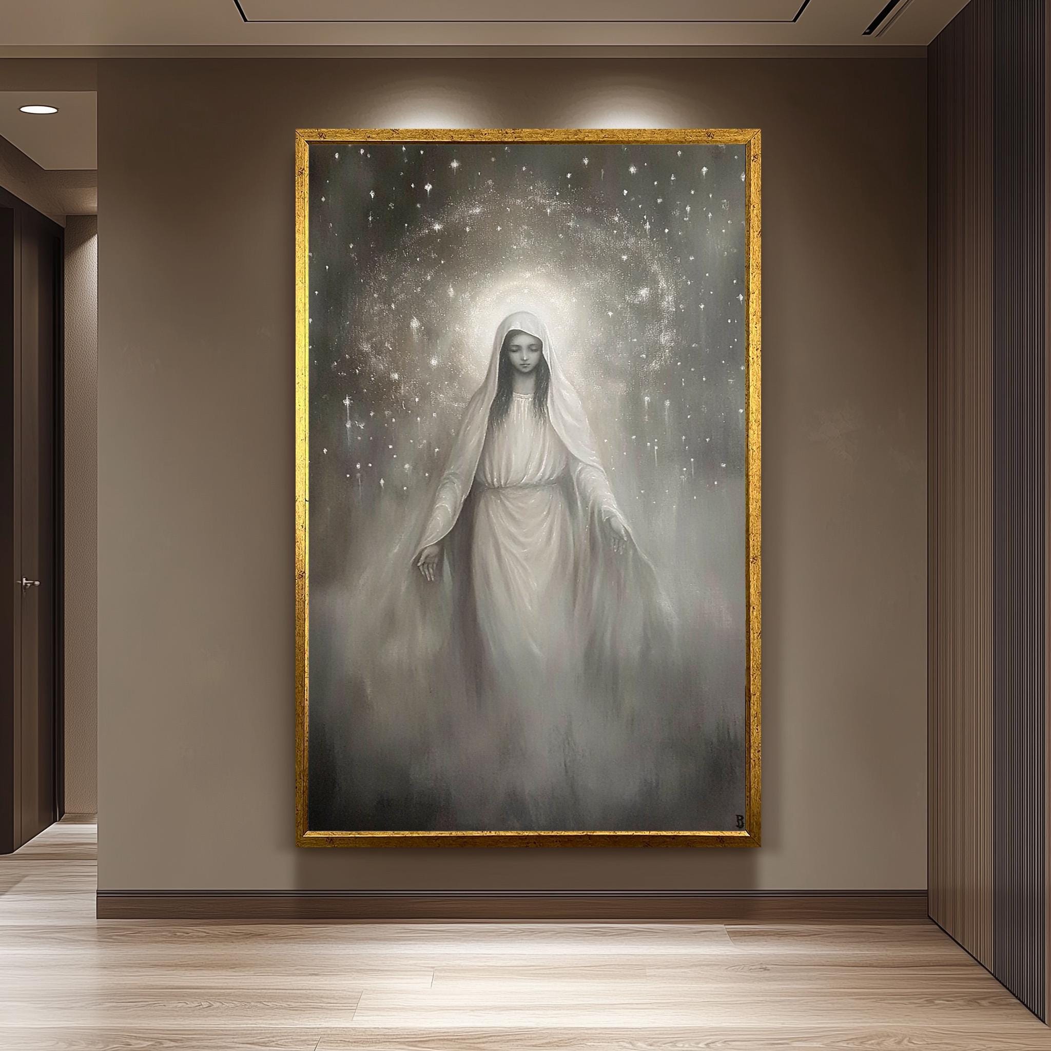 Virgin Mary Canvas Art – Monochrome Celestial Painting | Premium Religious Wall Art