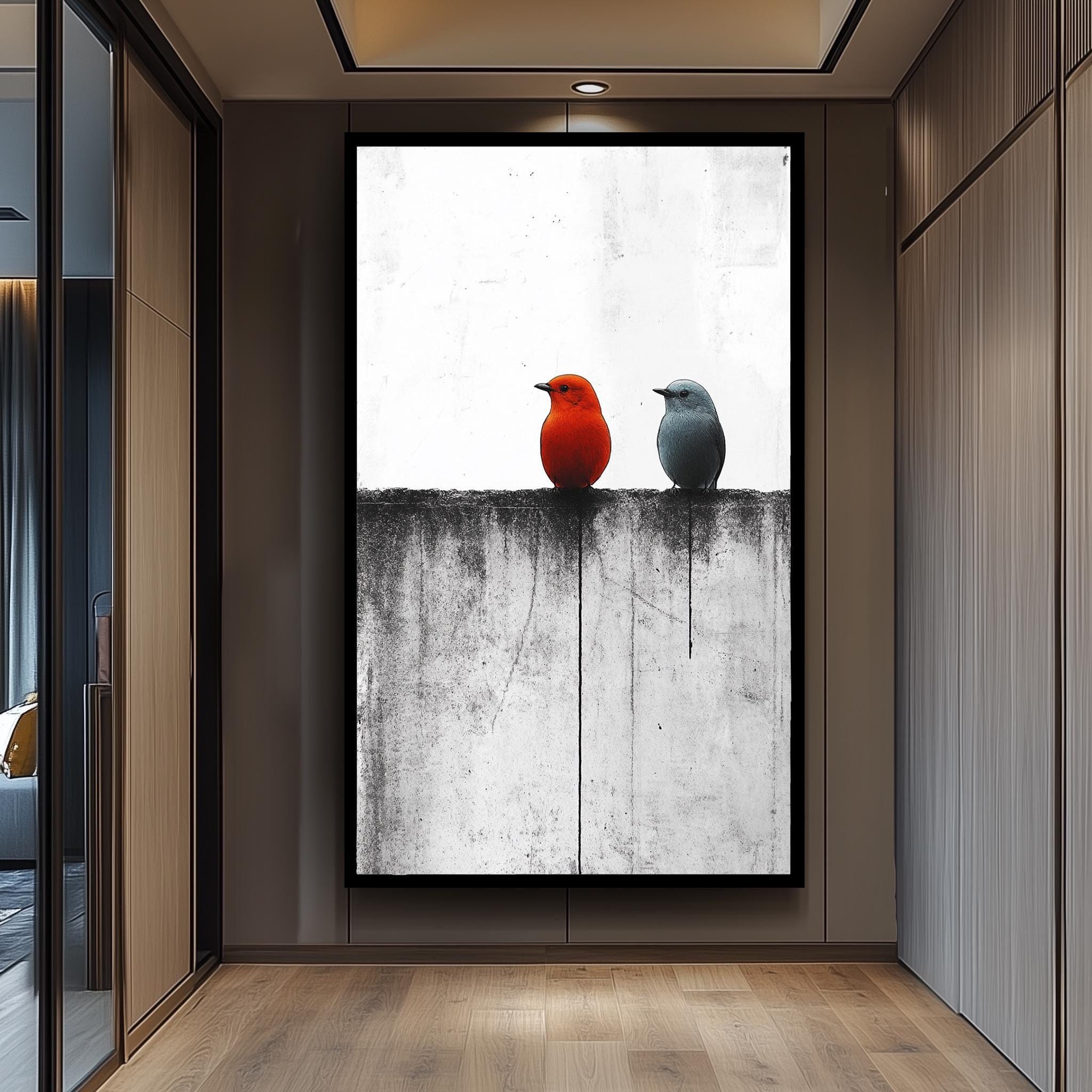 Minimalist Bird Wall Art – Red Blue Bird Canvas | Contemporary Animal Wall Decor