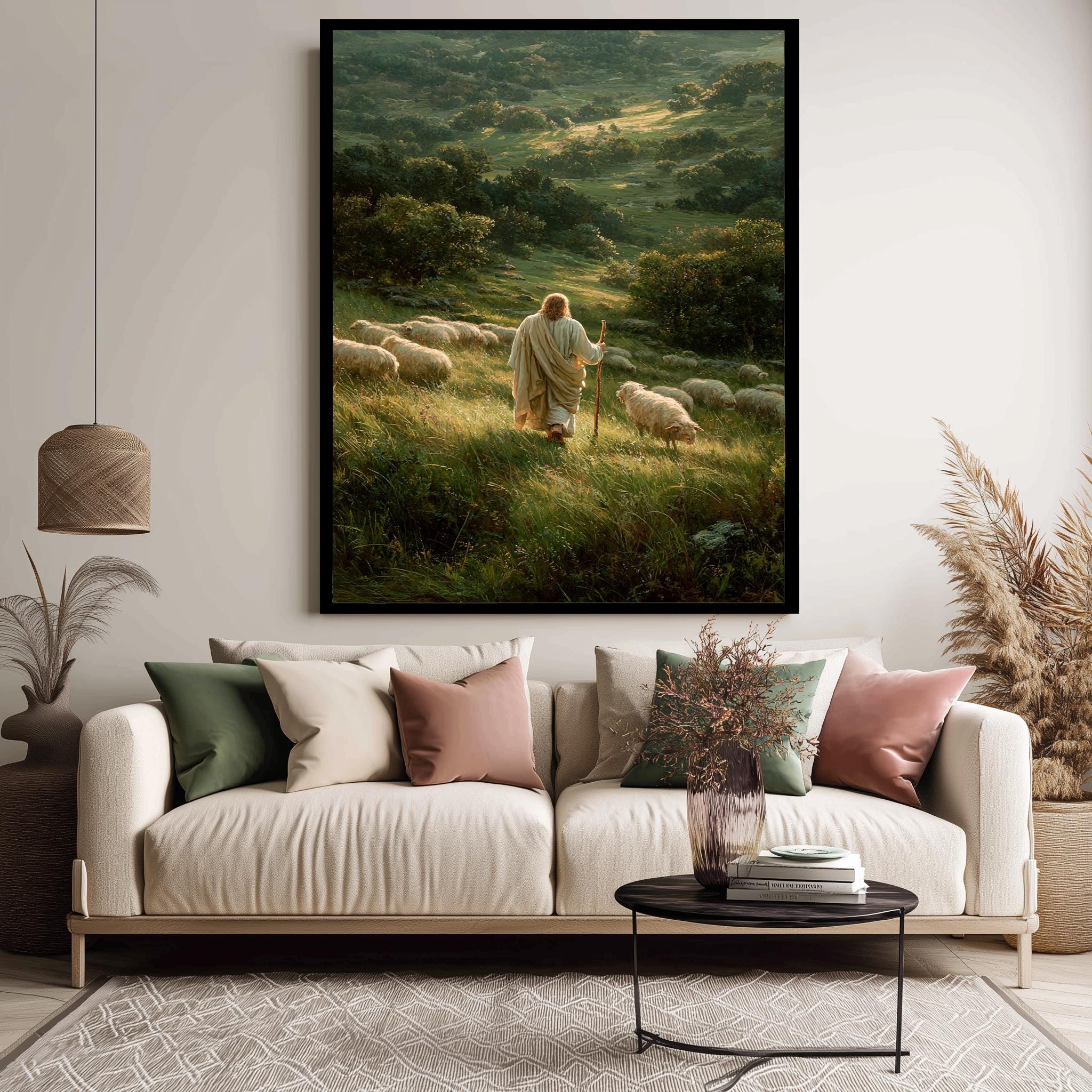 Jesus Good Shepherd Art - Christian Printable Poster | Pastoral Landscape Print