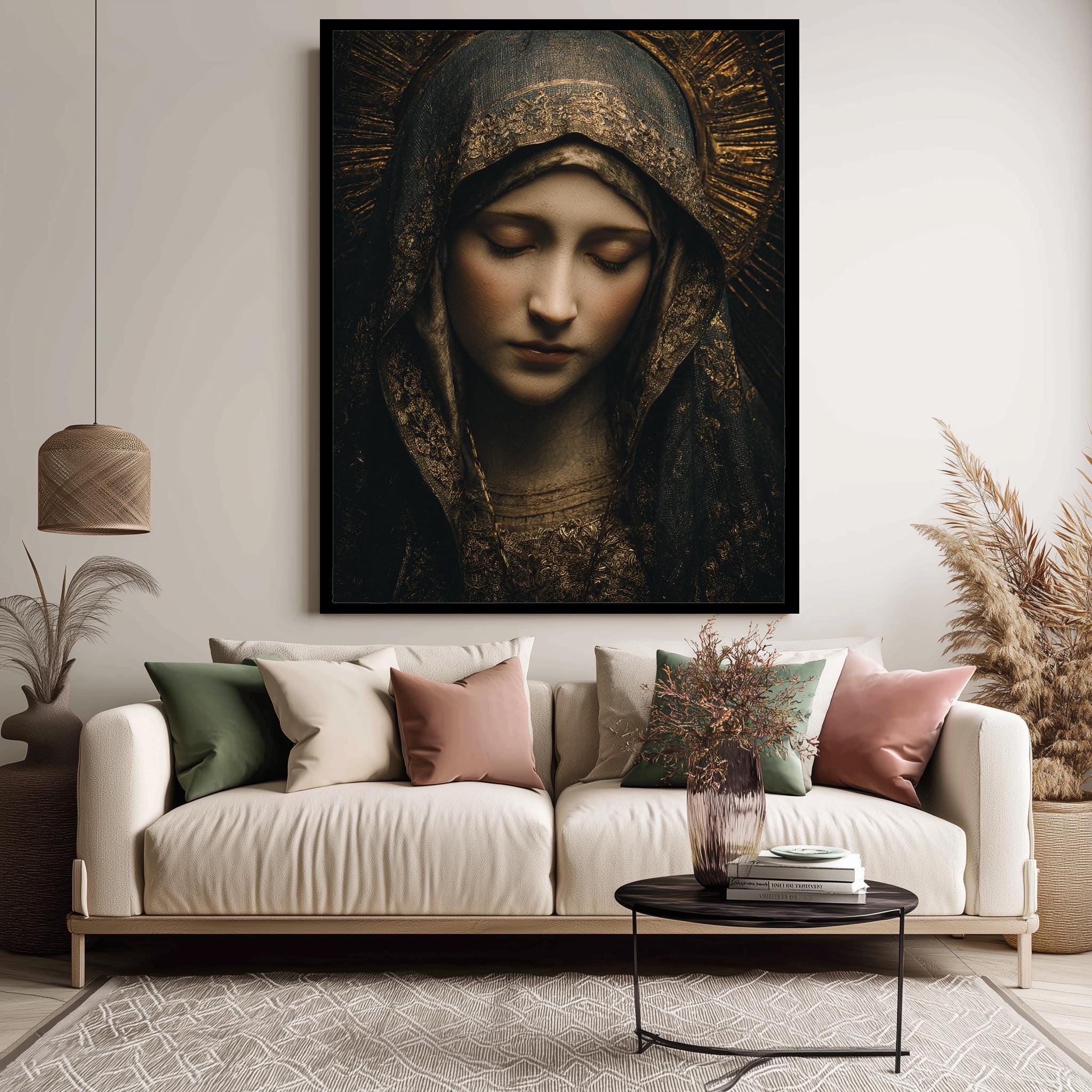 Sorrowful Virgin Mary Print - Dark Sacred Catholic Wall Decor | Marian Icon Art Canvas