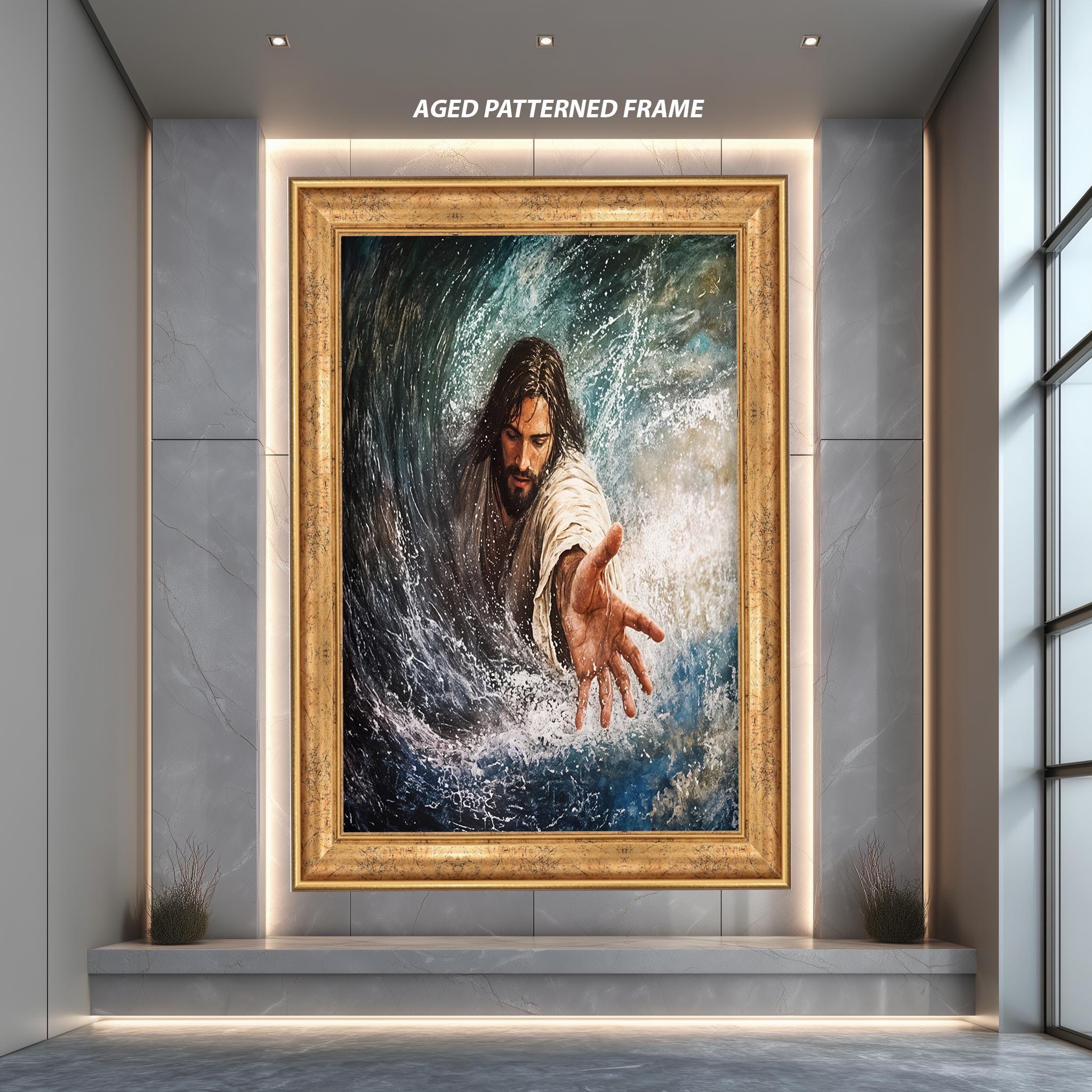 Jesus Reaching Hand Canvas - Faith Wall Art | Inspirational Ocean Scene Print