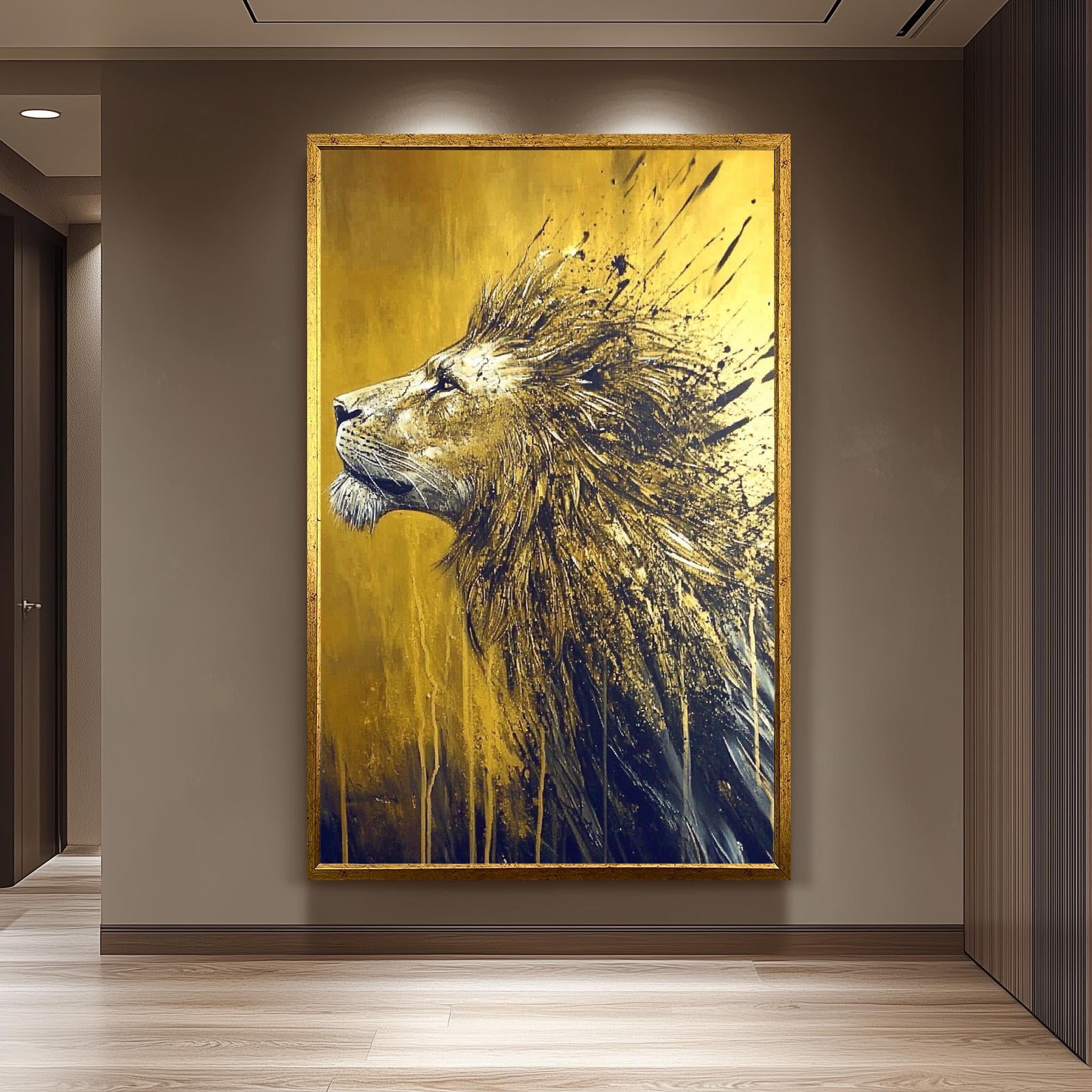 Golden Lion Painting – Hand Painted Lion Canvas | Bold Gold Black Art Decor