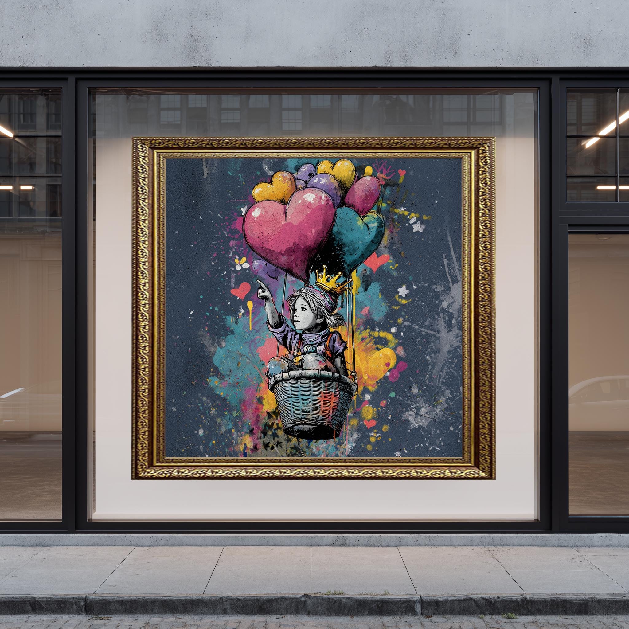 Balloon Street Art Print – Colorful Graffiti Crown Design with Heart Balloon Artwork