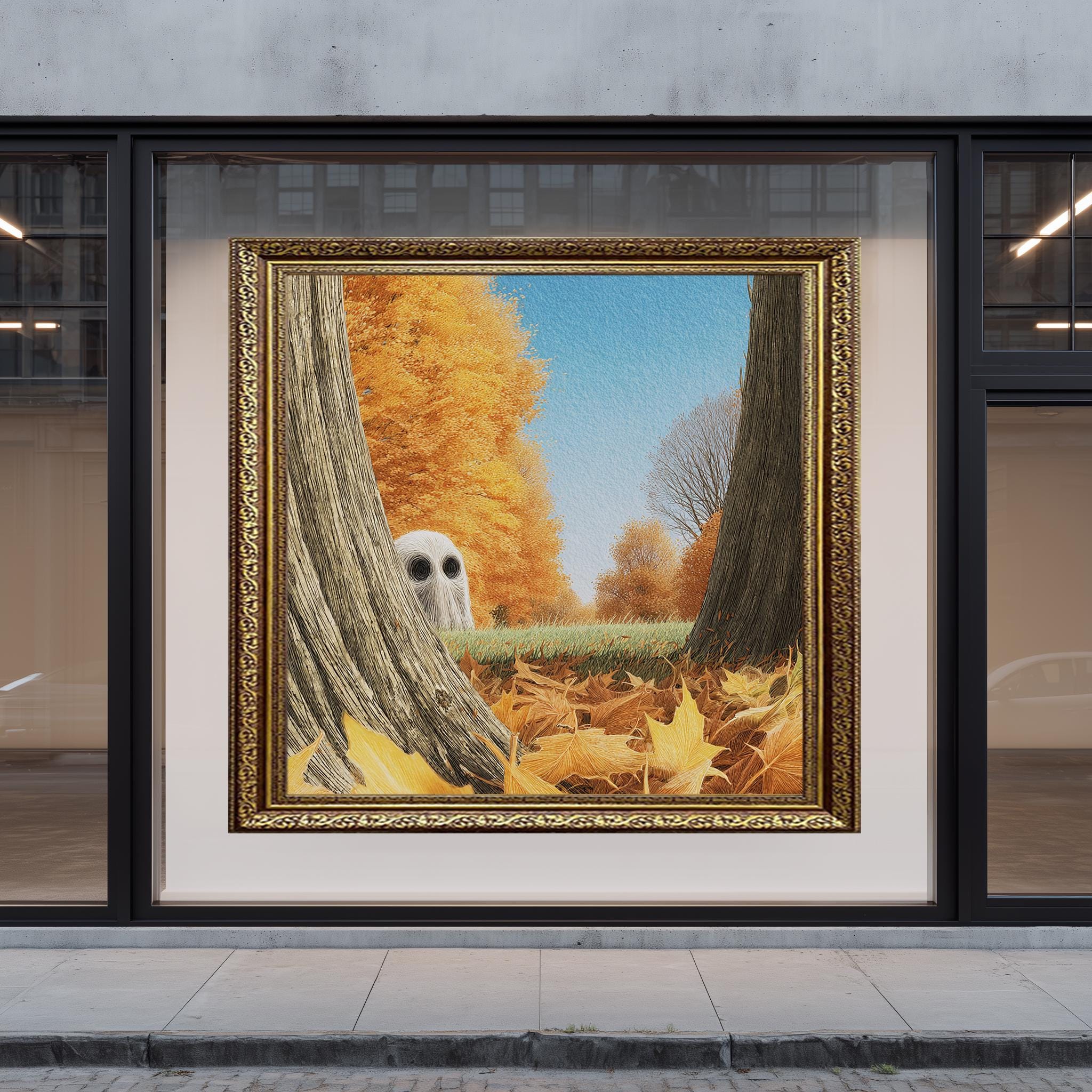 Autumn Owl Art Print – Fall Forest Decor | Cozy Woodland Wall Art with Golden Leaves