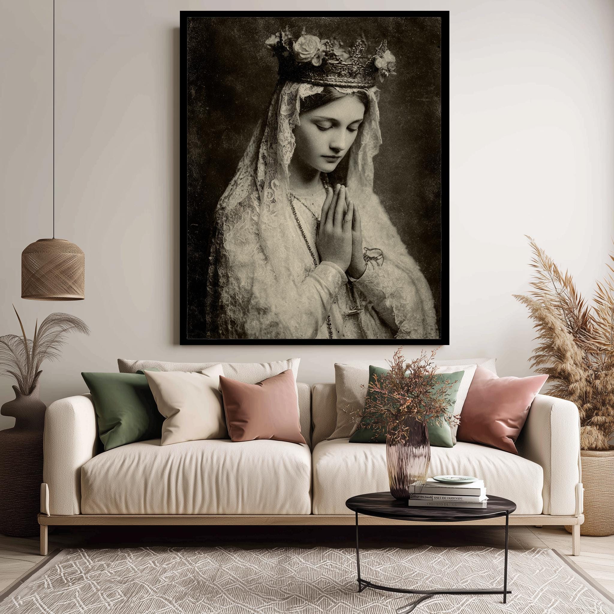 Vintage Virgin Mary Print - Sepia Catholic Wall Decor | Holy Mother Artwork