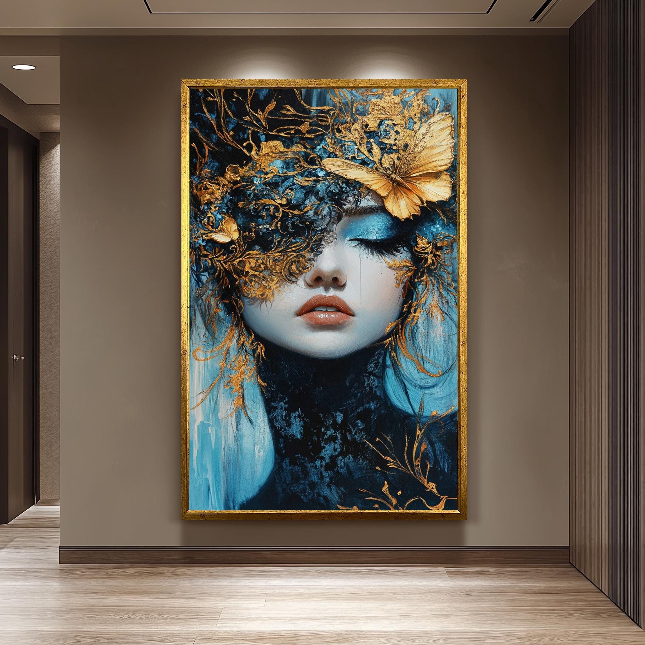 Surreal Wall Art – Elegant Fantasy Portrait with Woman, Gold Mask & Blue Tones