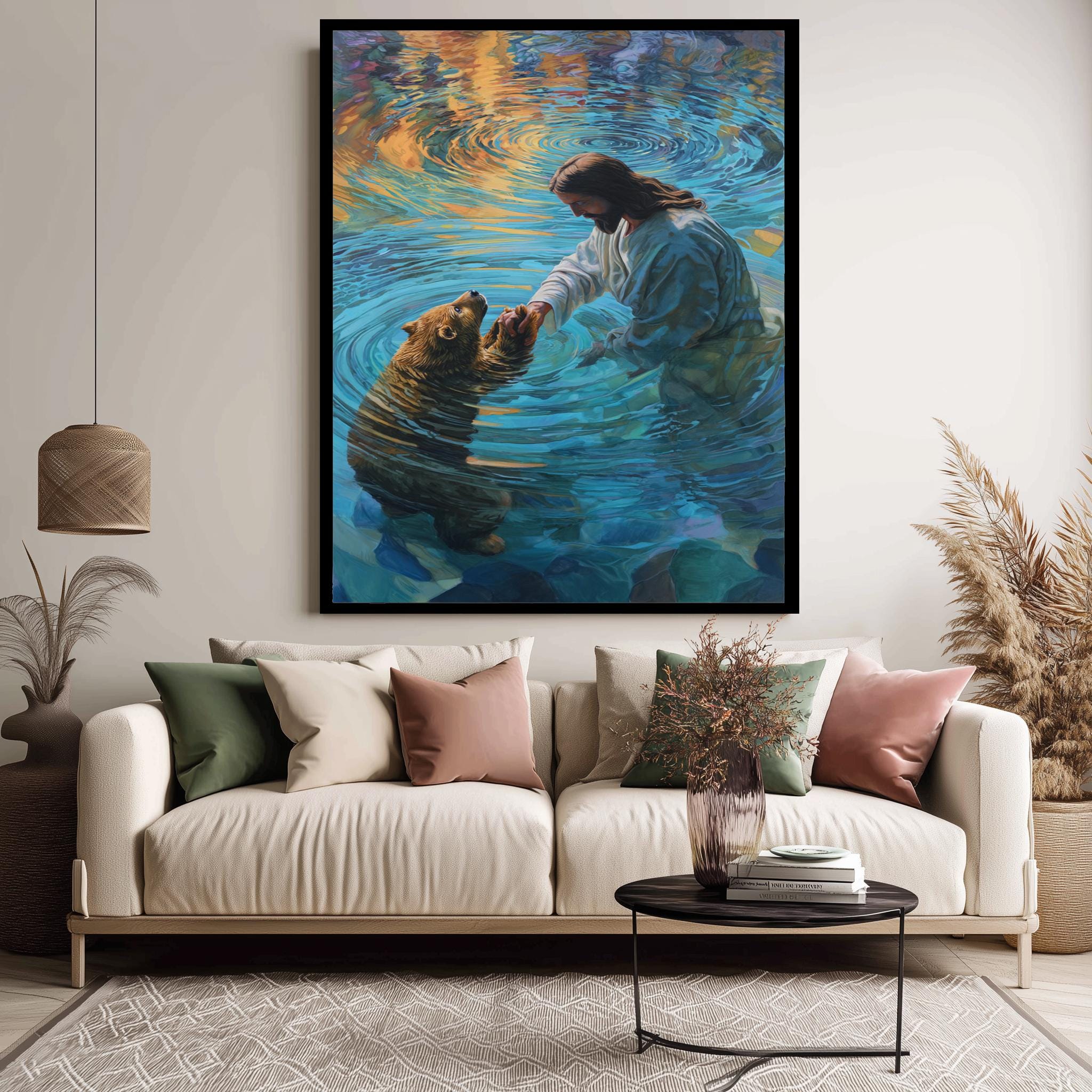 Jesus Helping Bear Art - Whimsical Christian Animal Print | Nature Inspired Wall Decor