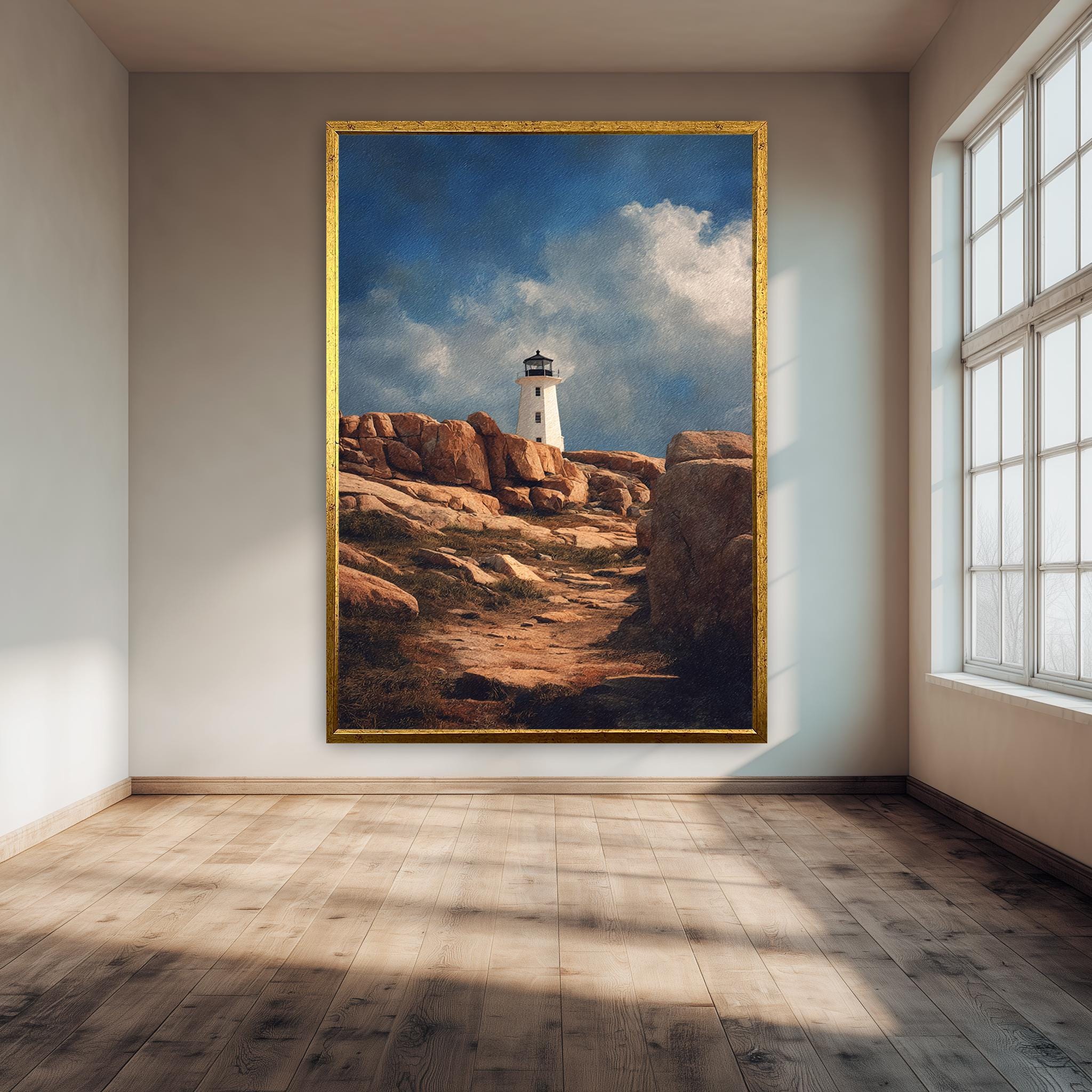 Lighthouse Wall Art – Rustic Coastal Nautical Decor on Rocky Coast Canvas Print