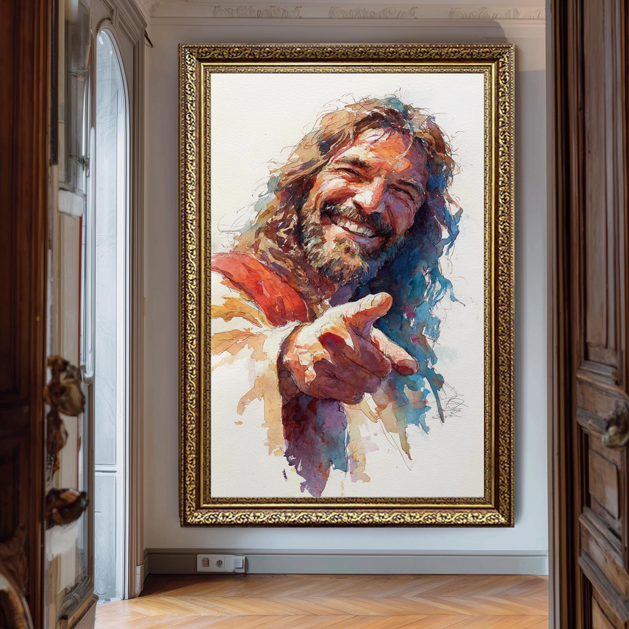 Smiling Jesus Watercolor Art – Joyful Catholic Print | Modern Christian Wall Decor
