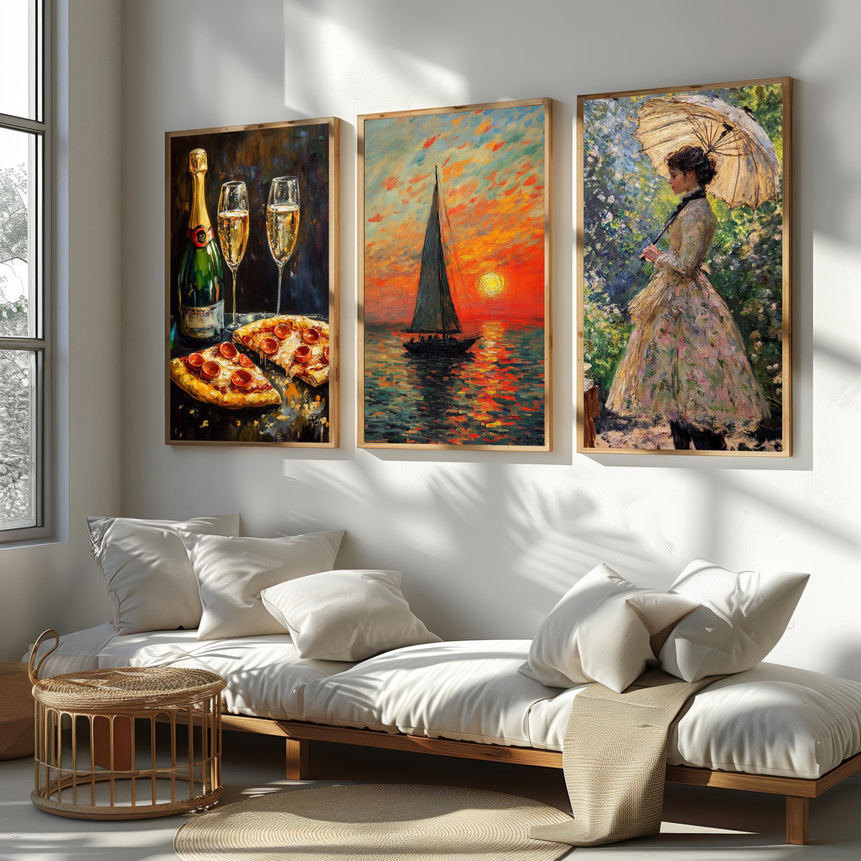 Impressionist Canvas Print Set - Classic Landscape Wall Art with Oil Painting Texture