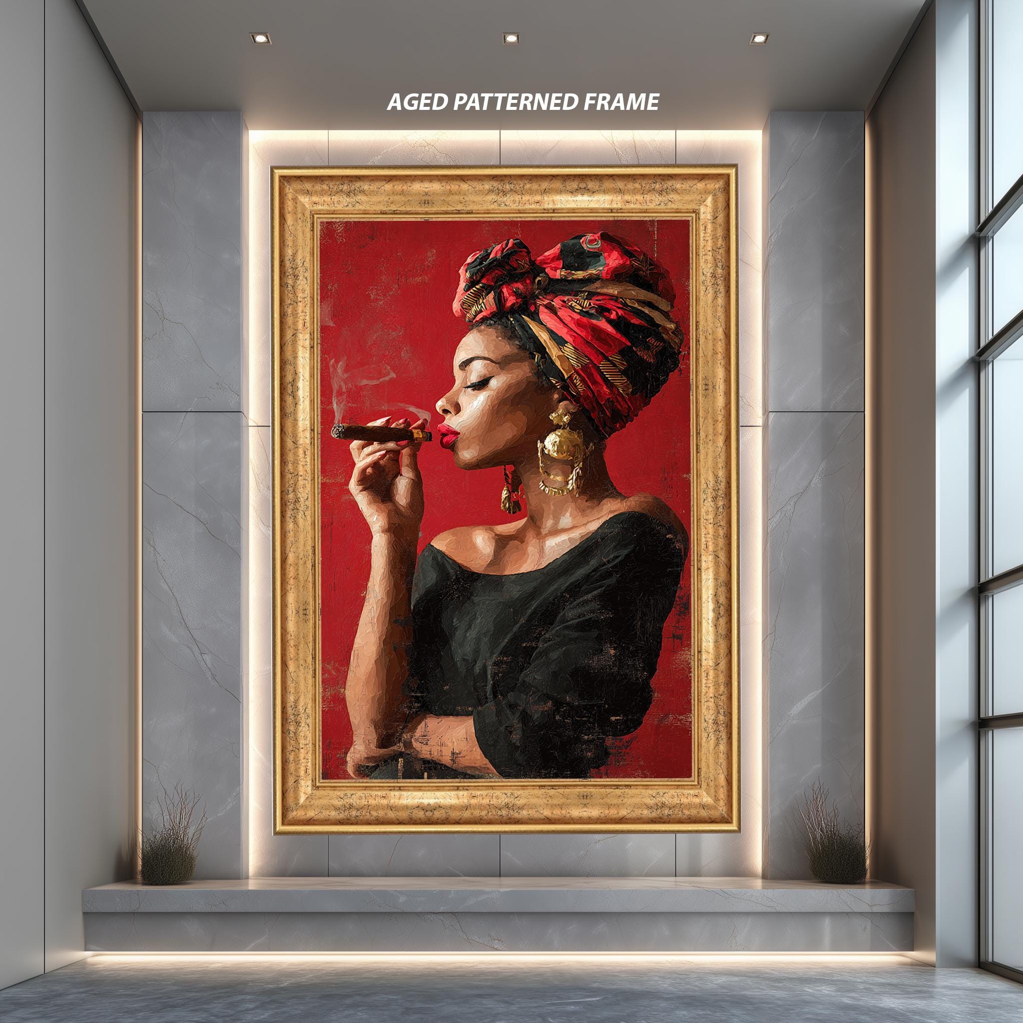Afro Woman Canvas Art – Bold Red Headwrap Portrait | Modern Black Art Decor