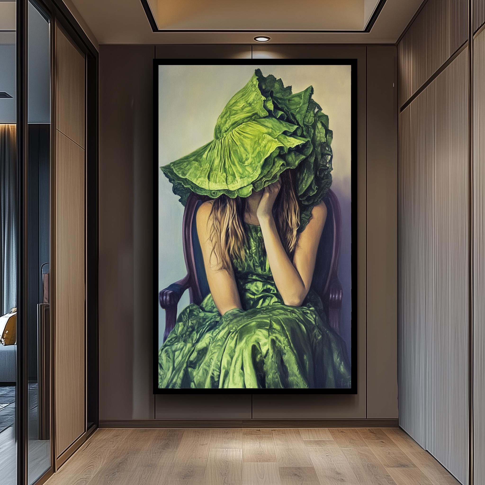 Surreal Woman Portrait - Whimsical Oil Painting with Green Dress & Oversized Hat Artwork