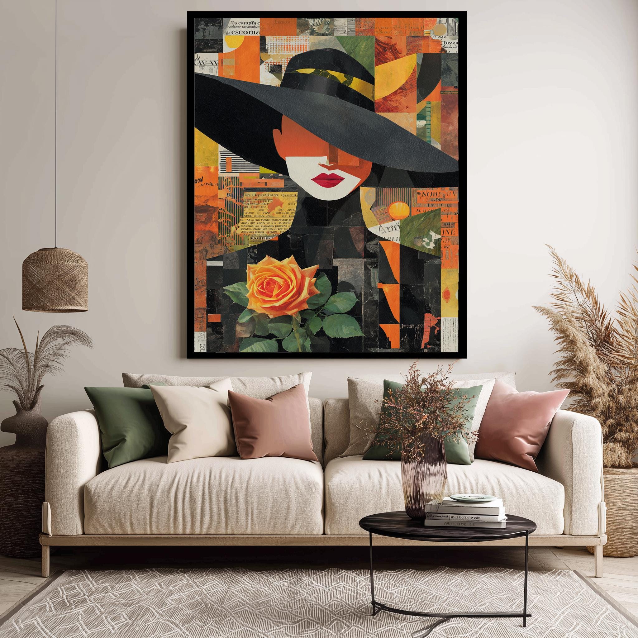 Modern Woman Wall Art – Abstract Fashion Print with Yellow Rose & Black Hat Canvas