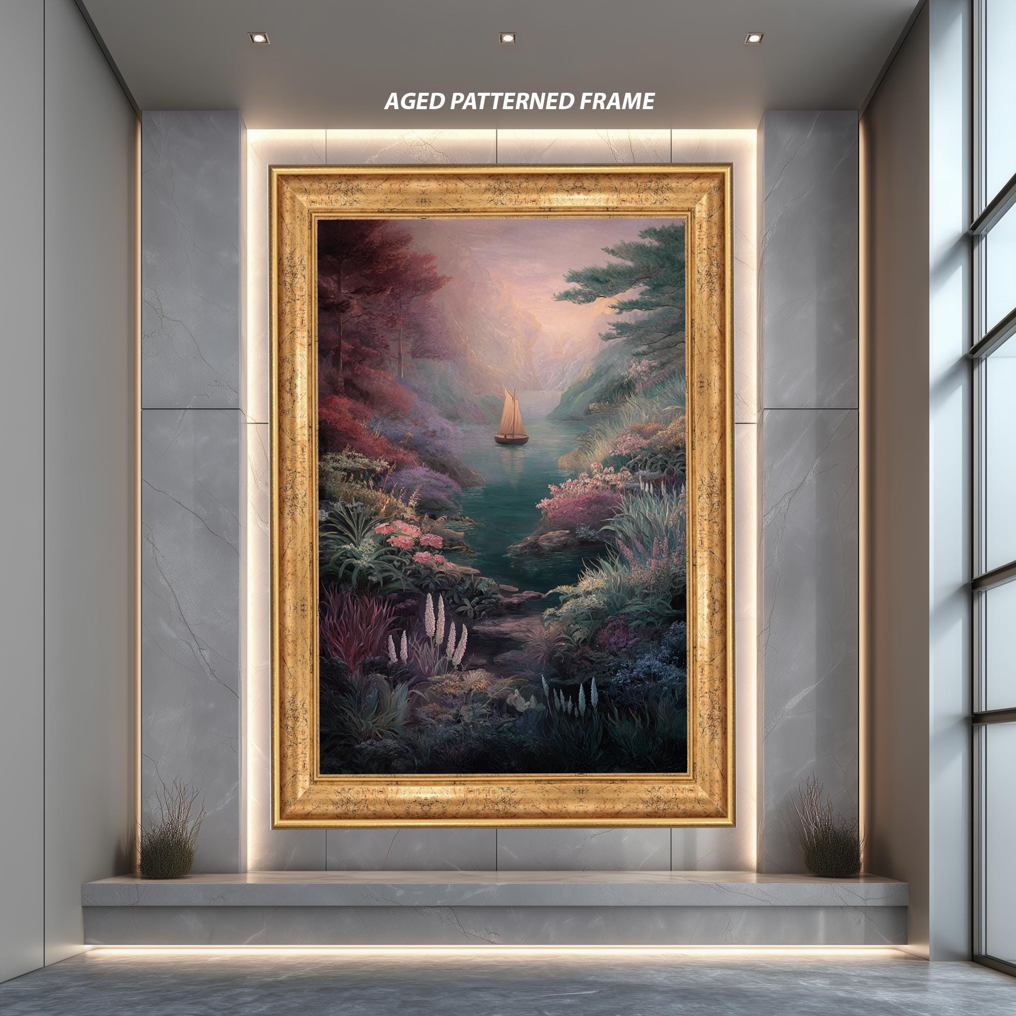 Fantasy Nature Art Print – Whimsical Sailboat Landscape with Enchanted Forest Colors