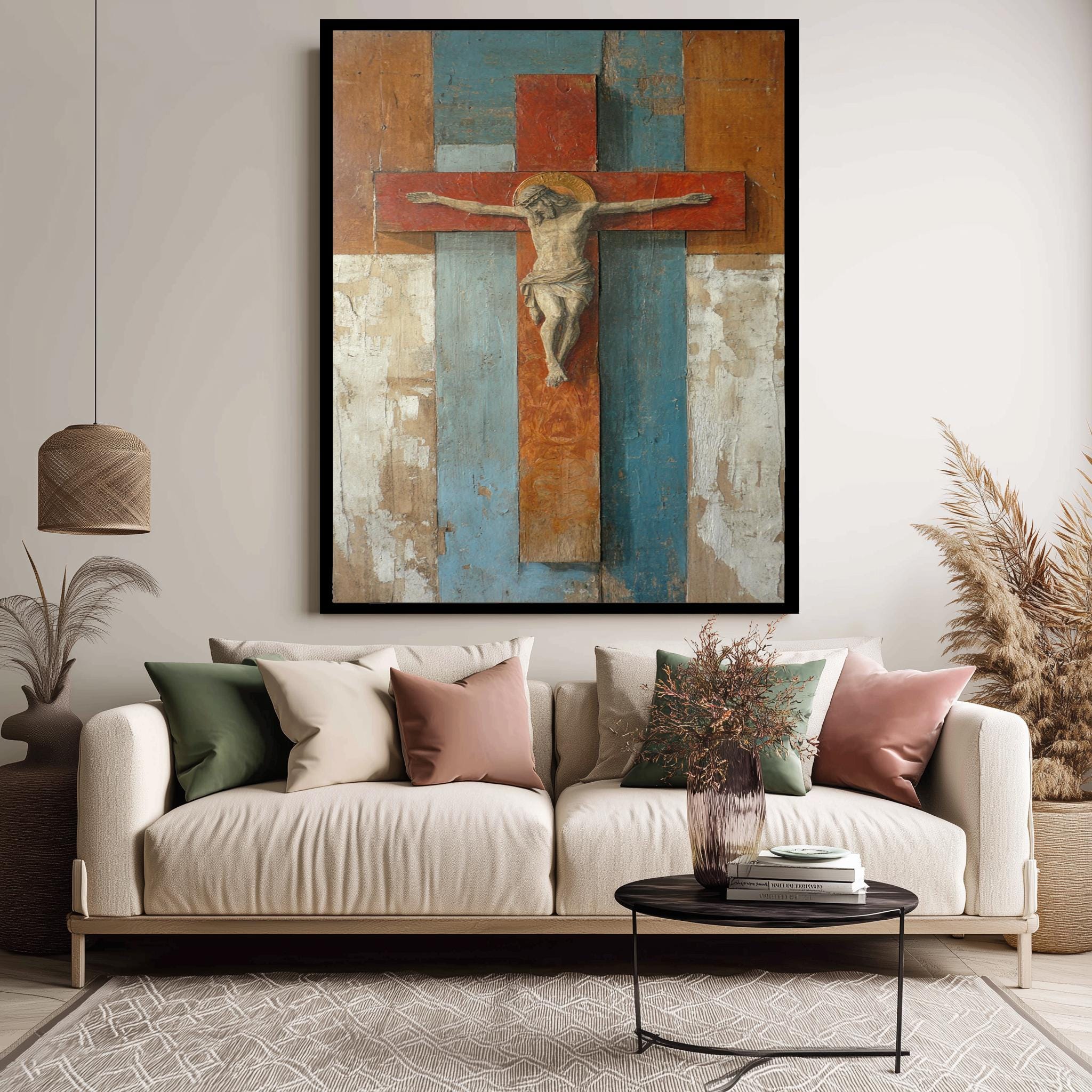 Wooden Crucifix Wall Art – Hand Carved Jesus Statue | Rustic Cross Decor Gift