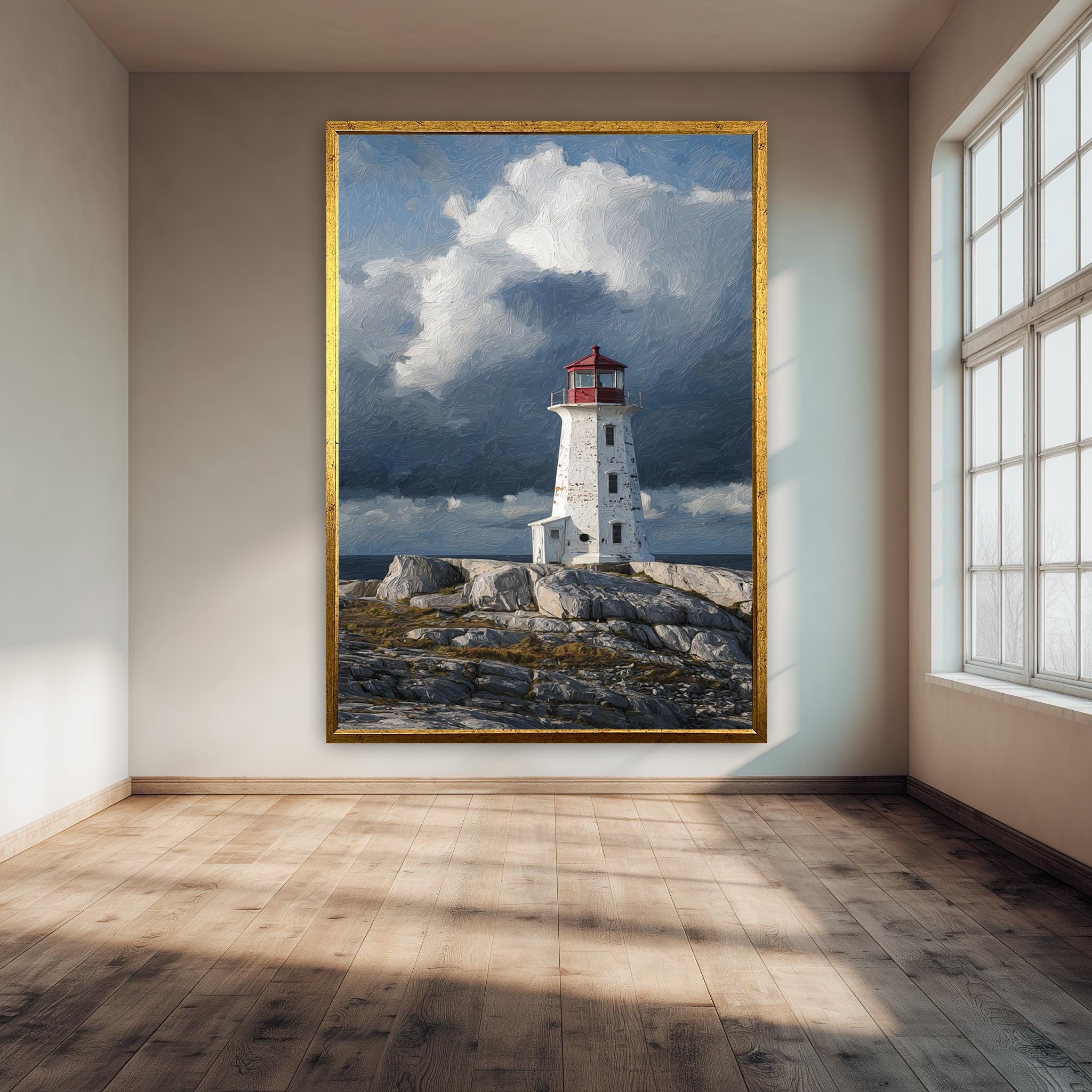 Lighthouse Art Print – Coastal Wall Decor with Dramatic Sky and Rocky Coast Canvas