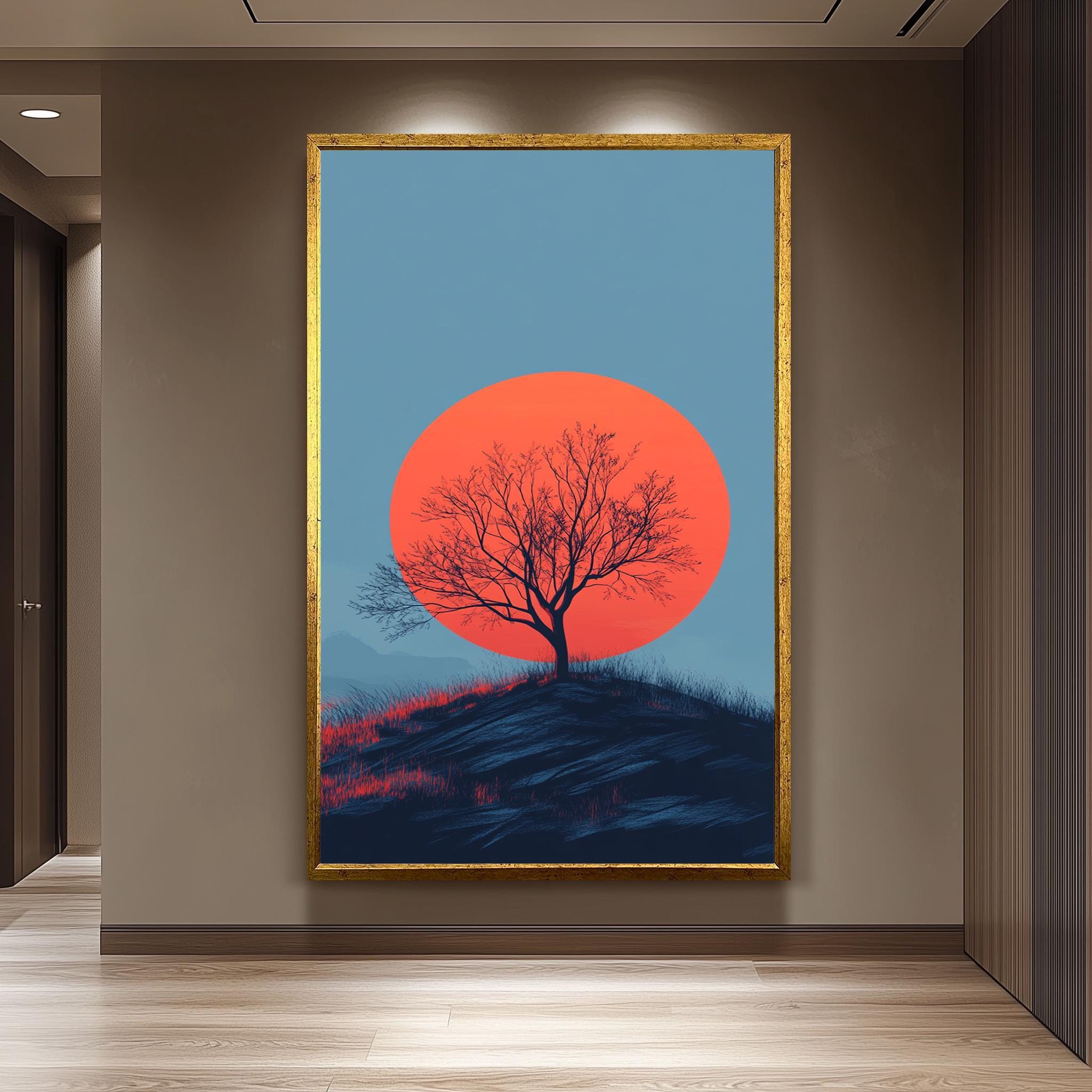 Minimalist Sunset Canvas – Bold Red Sun Print With Tree Silhouette Art | Modern Nature Painting