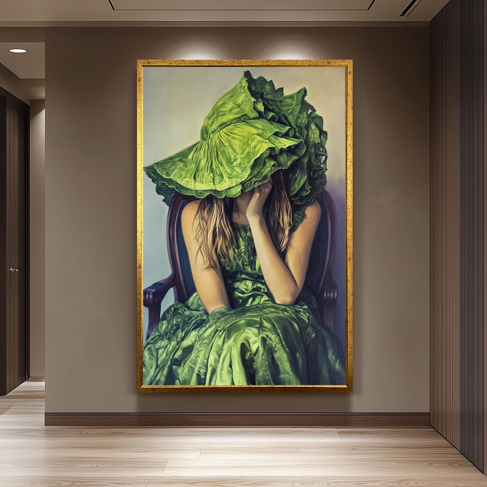 Surreal Woman Portrait - Whimsical Oil Painting with Green Dress & Oversized Hat Artwork