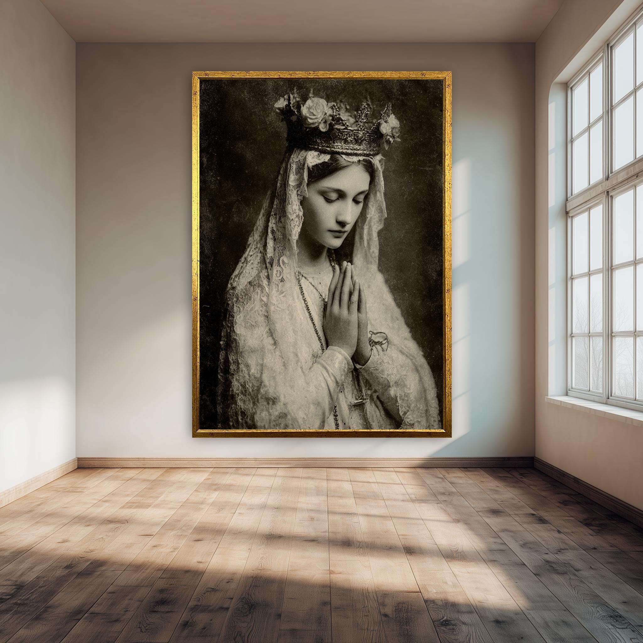 Vintage Sacred Prayer Portrait – Sepia Tone Canvas Print | Holy Religious Wall Art
