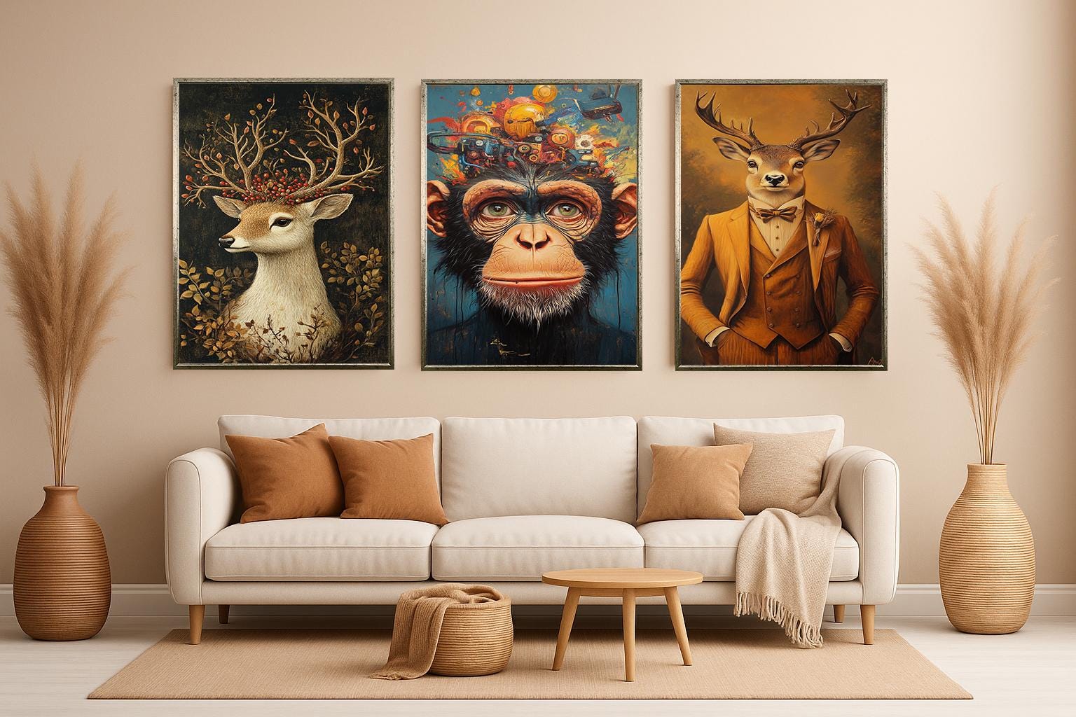 Surreal Animal Wall Art – Unique Canvas Print Set | Robotic Chimpanzee, Deer Portrait & Botanical Stag