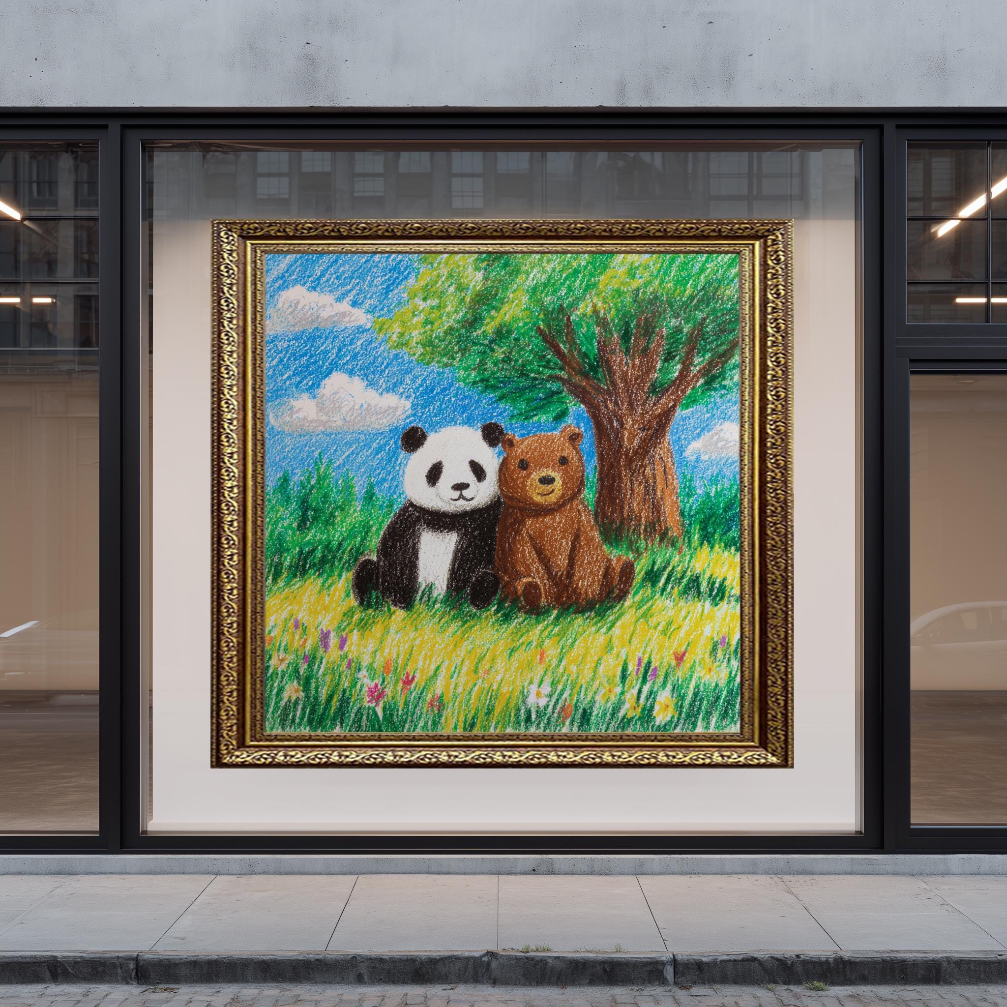Panda Bear Wall Art – Cute Animal Print Nursery Decor with Crayon Style Artwork
