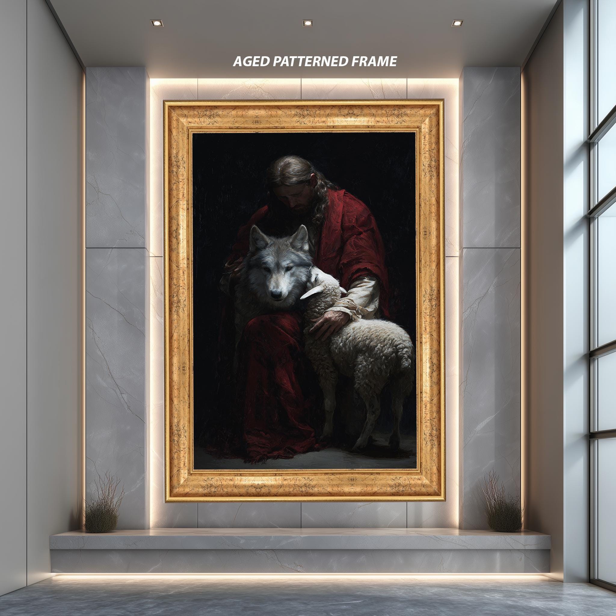 Jesus Art Print – Dark Jesus Painting With Lamb And Wolf | Christian Wall Art