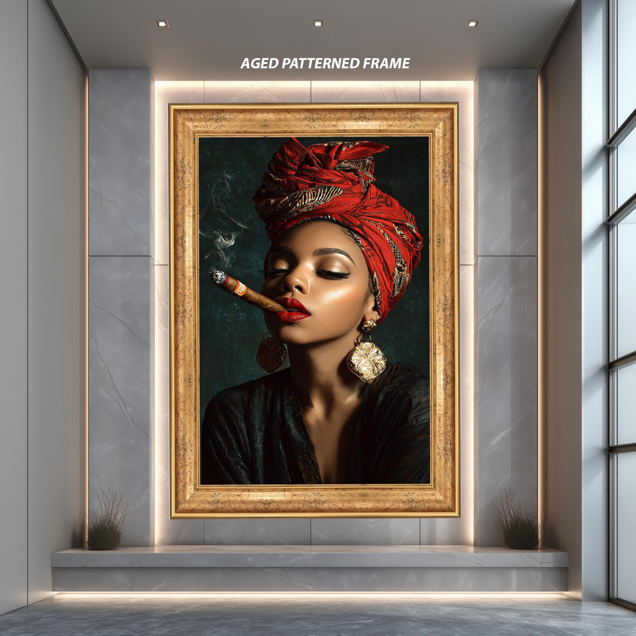 Afro Woman Canvas Art – Confident Female Portrait with Red Headwrap Print & Glam Cigar