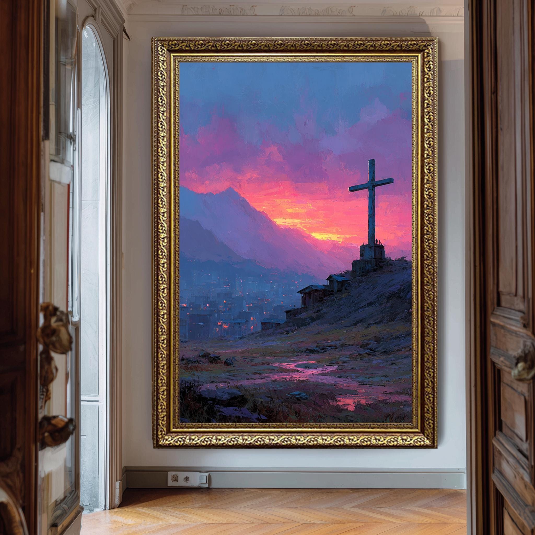 Spiritual Landscape Art - Sunset Cross Digital Canvas Print with City Lights