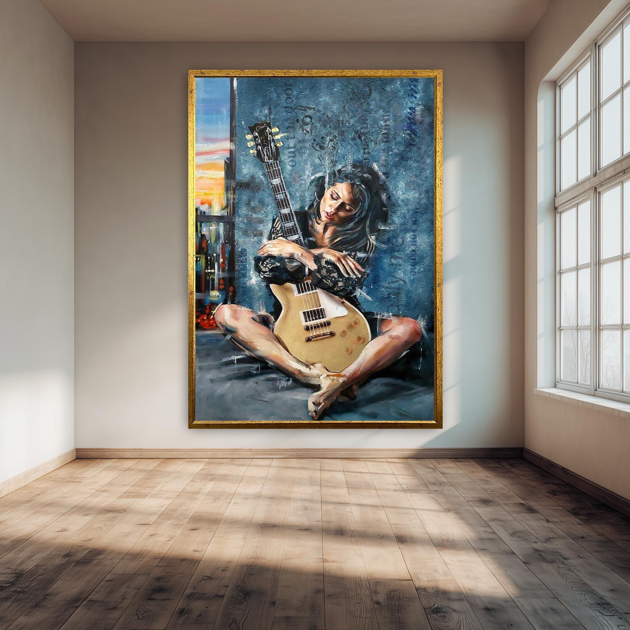 Guitar Girl Canvas Print – Modern Wall Art With Deep Blue & Red Line Decor