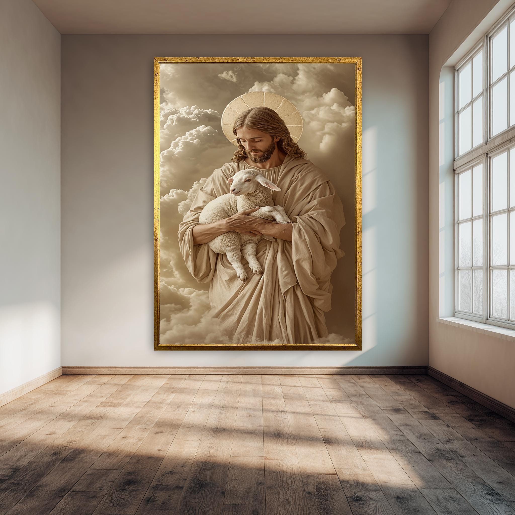 Jesus Holding Lamb Canvas – Good Shepherd Religious Wall Art | Peaceful Faith Decor