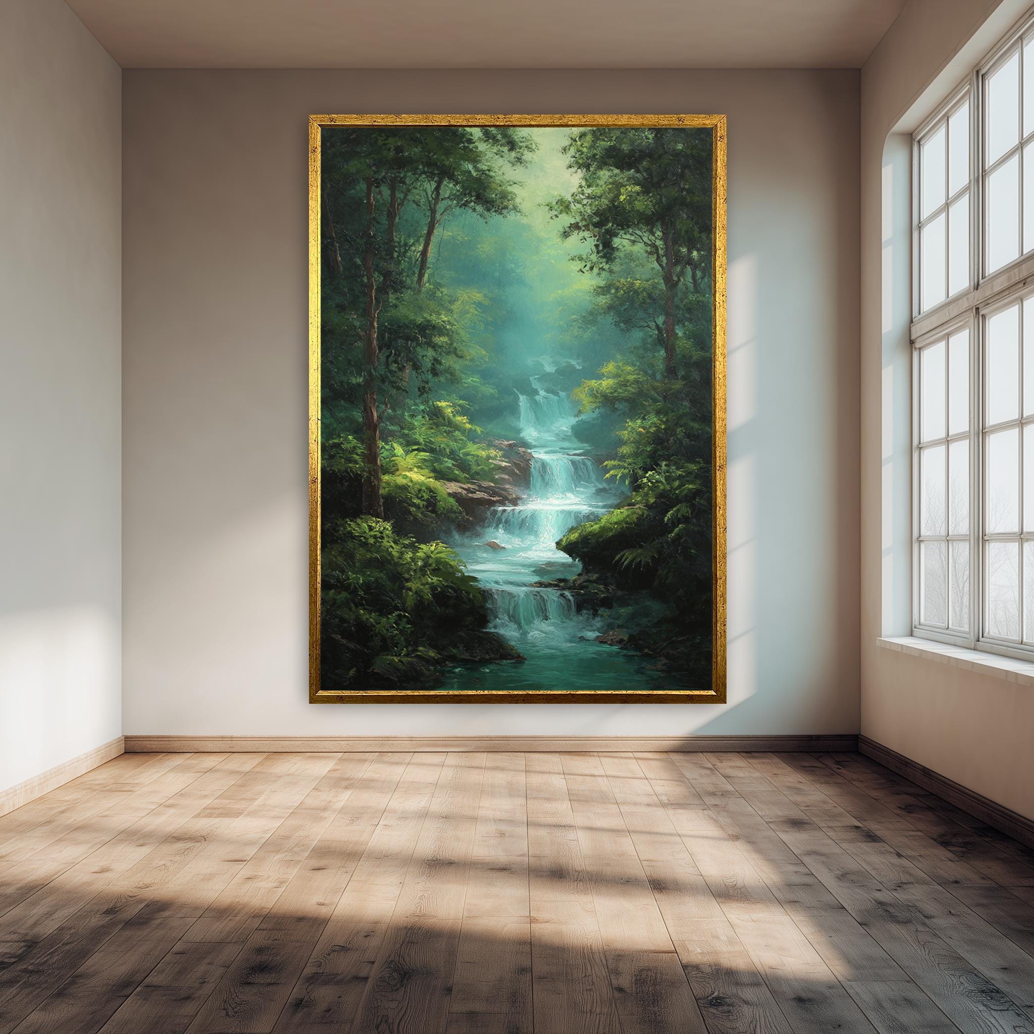 Waterfall Forest Art Print – Misty Green Landscape | Peaceful Nature Painting