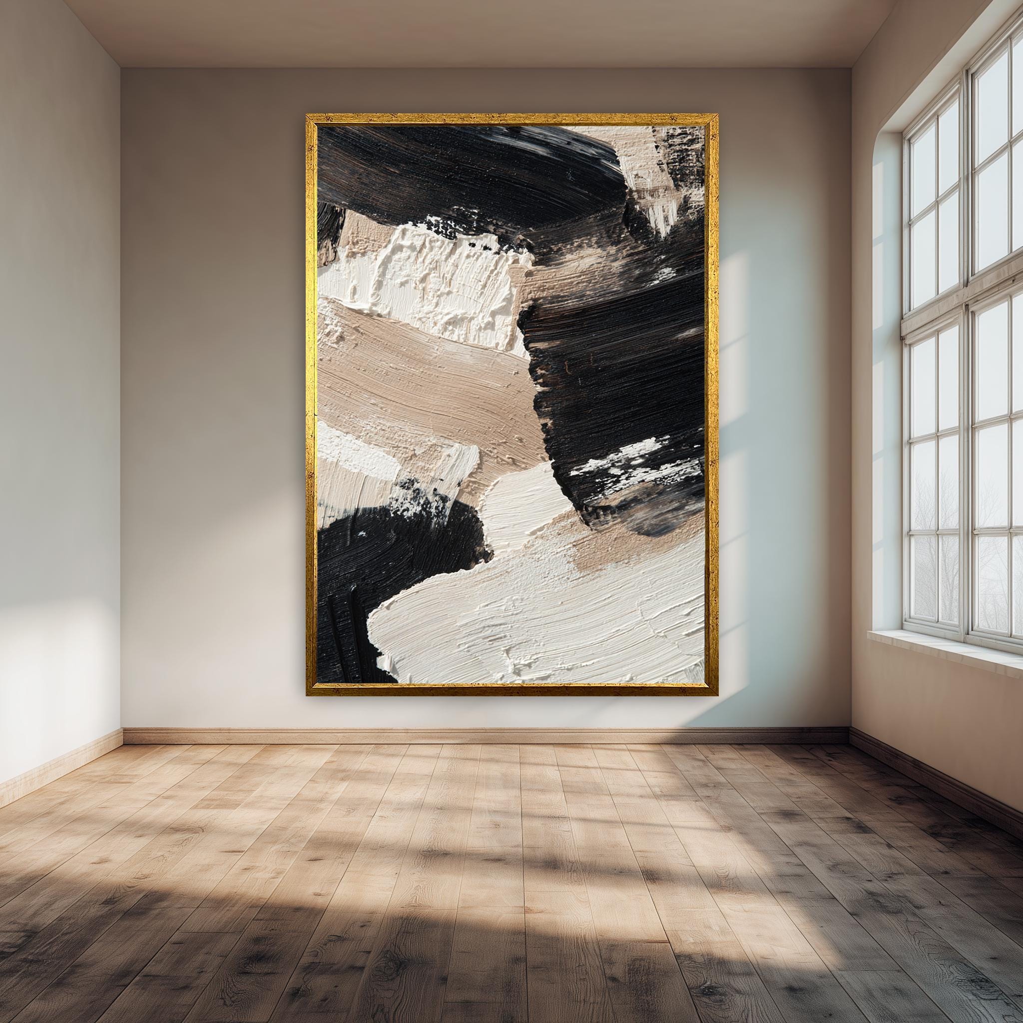 Abstract Canvas Wall Art – Modern Black Beige Texture Print | Neutral Living Room Artwork