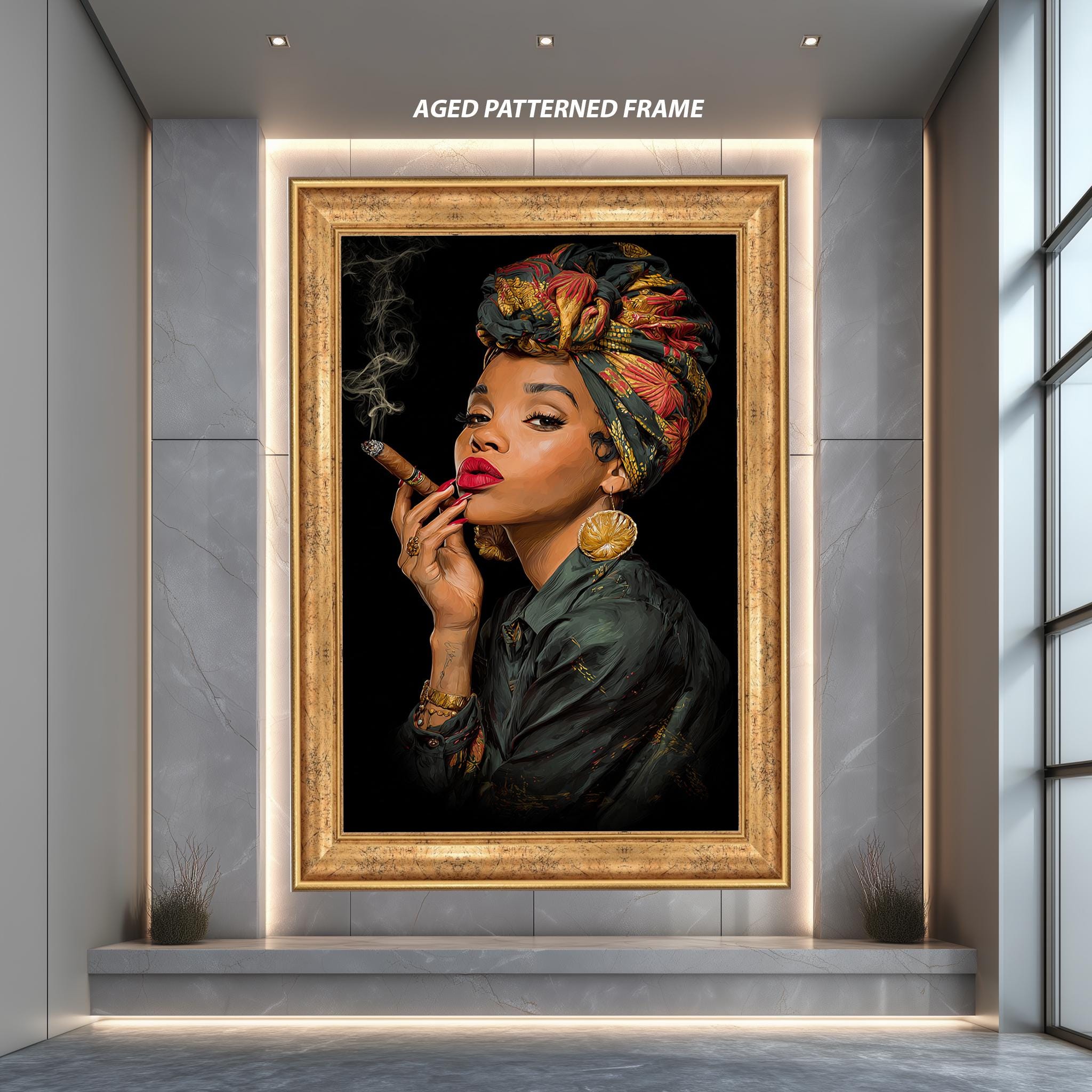 Afro Woman Canvas Art – Bold Urban Portrait | Fashionable Wall Decor with Headwrap & Cigar