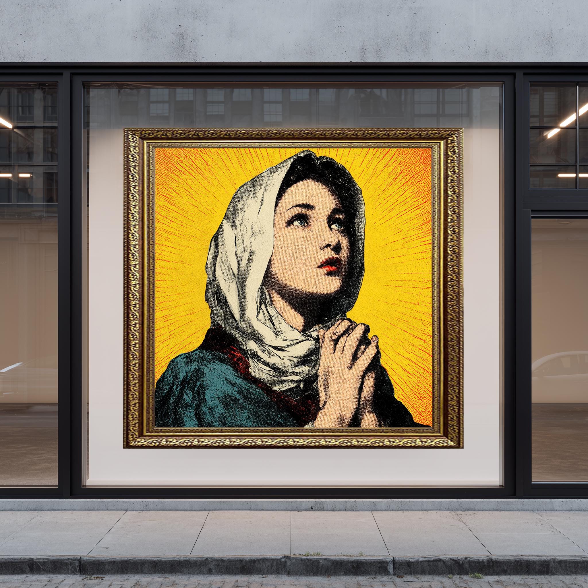 Religious Pop Art Poster - Vintage Praying Woman Print with Halo, Faith Inspired Gift