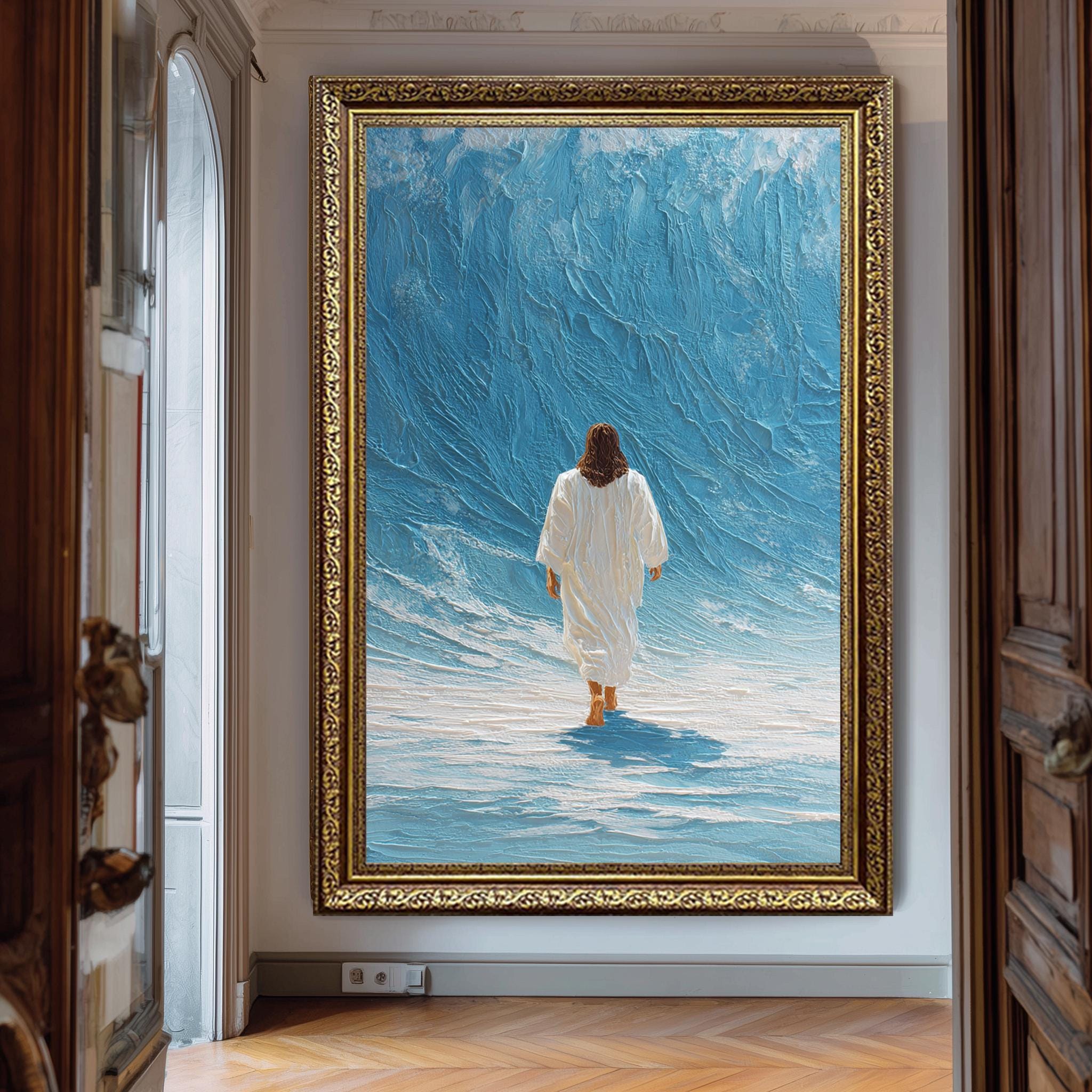 Christian Wall Art – Jesus Wave Art Blue Canvas | Textured Religious Home Decor