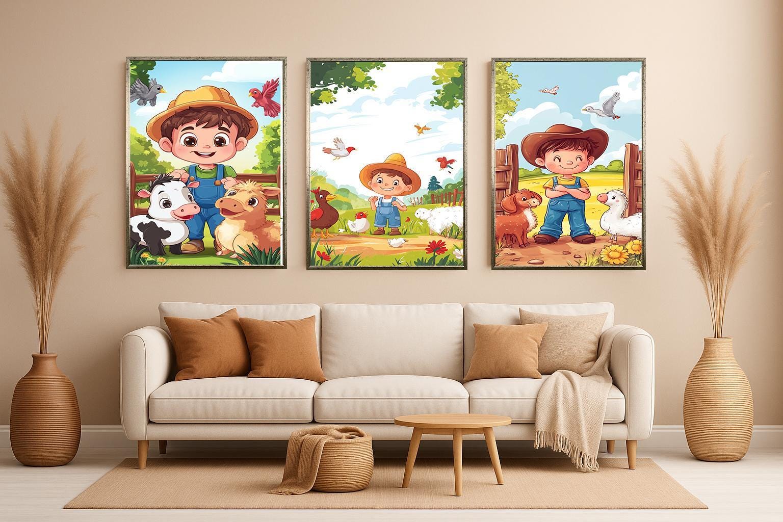 Farm Animal Wall Art - 3 Piece Printable Nursery Art Set | Boy Farmer & Cute Animals