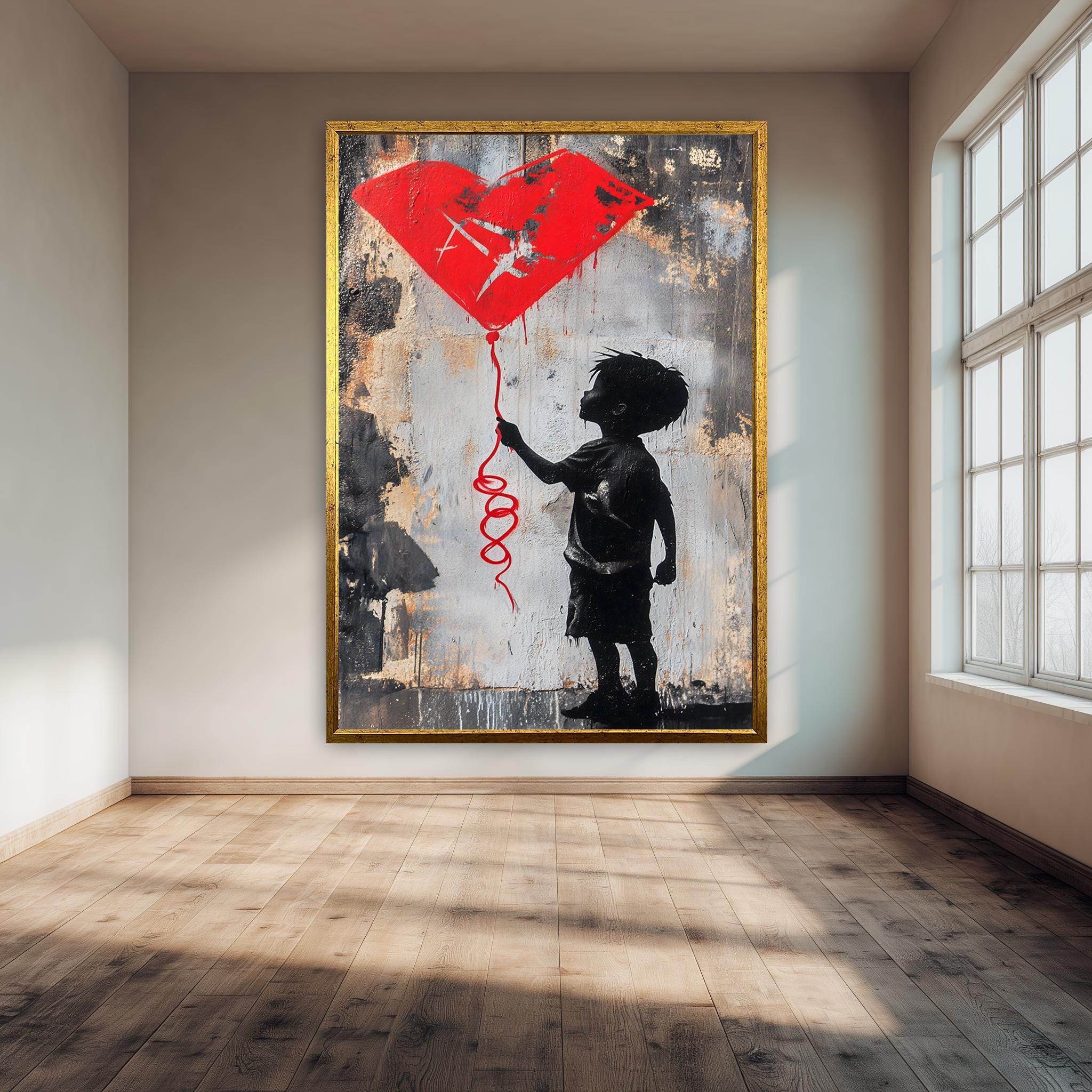 Street Art Canvas Print – Urban Wall Art | Boy with Red Kite, Modern Loft Poster