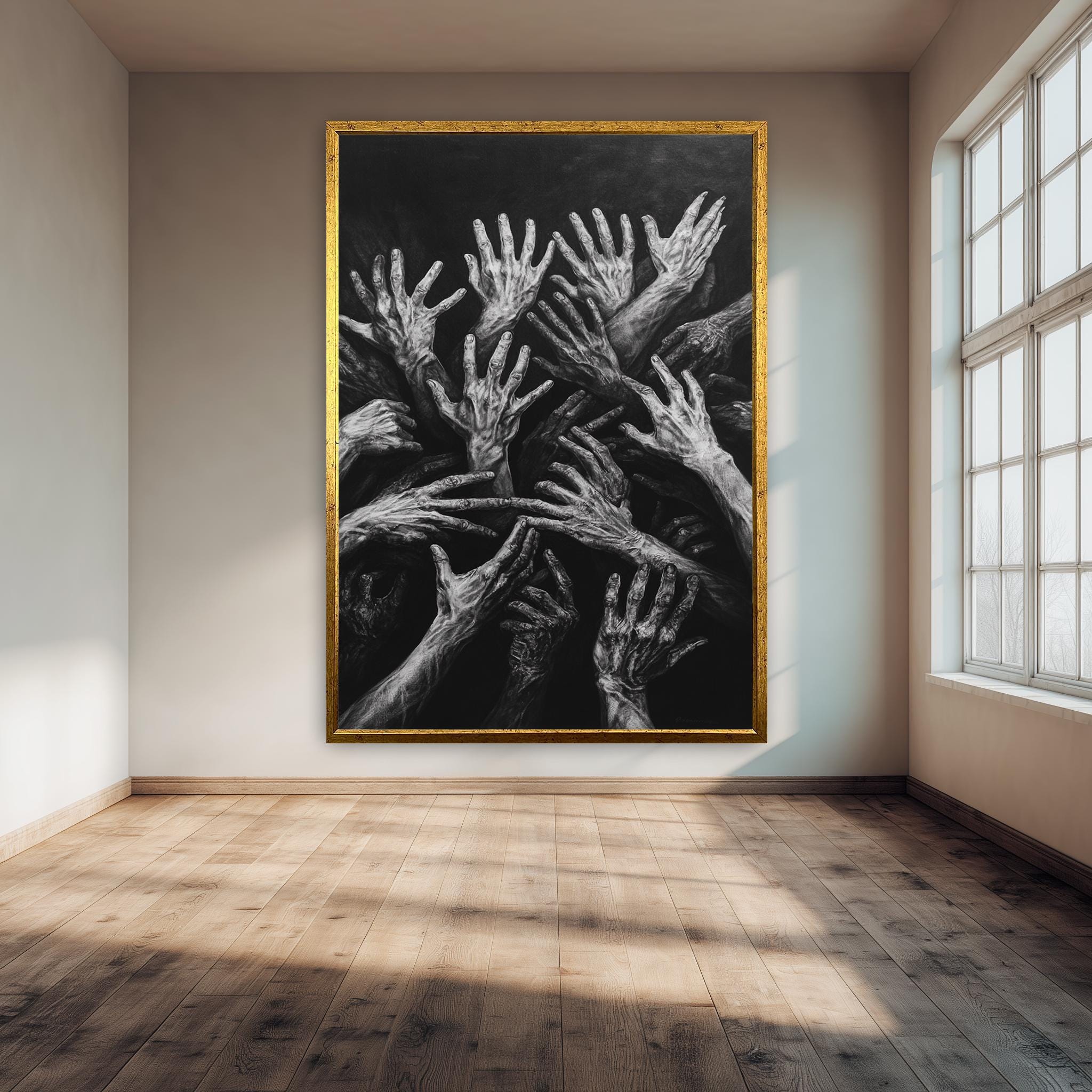Dark Reaching Hands Canvas | Black and White Wall Art - Dramatic Surreal Poster