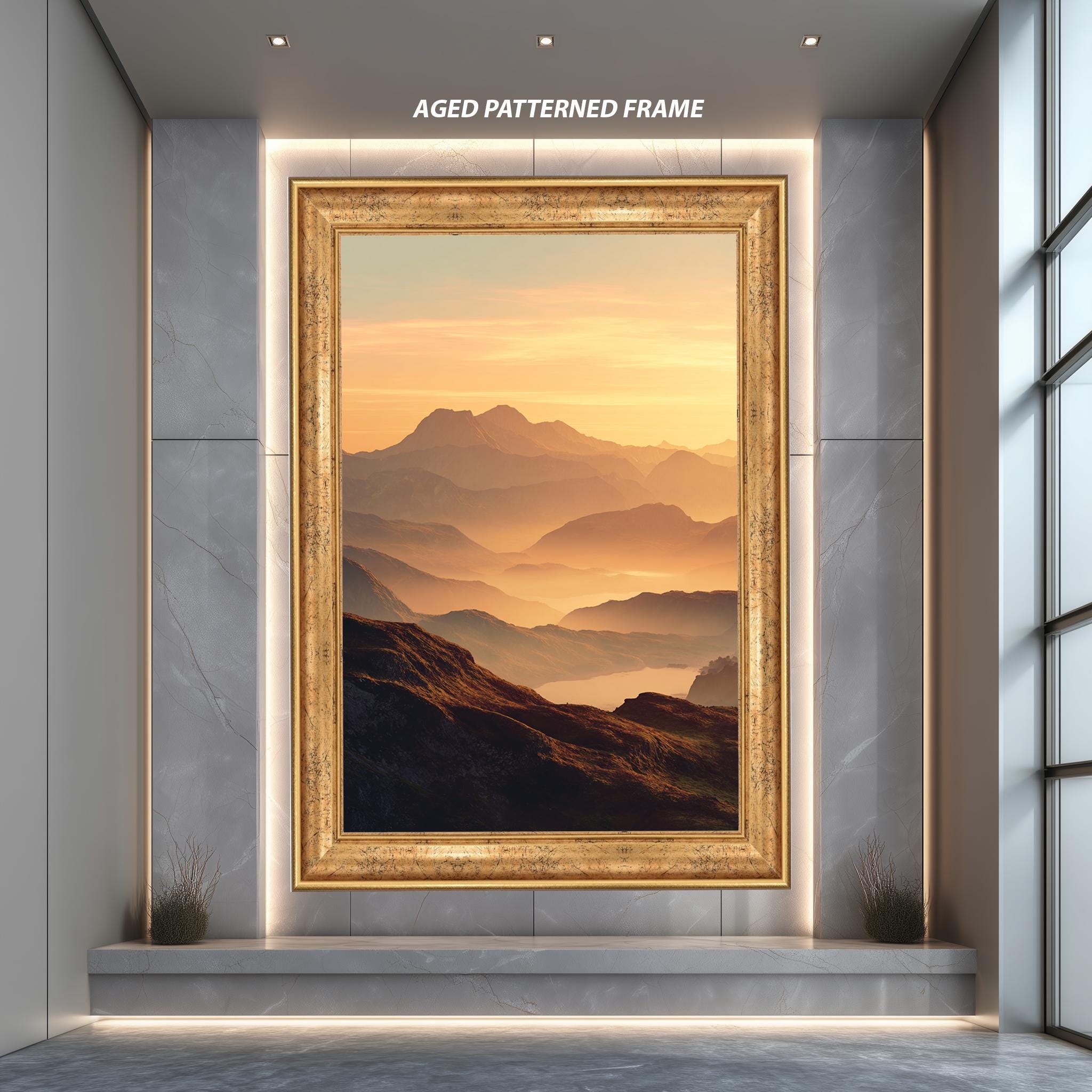 Golden Mountain Landscape – Layered Sunrise Nature Print | Serene Wall Decor