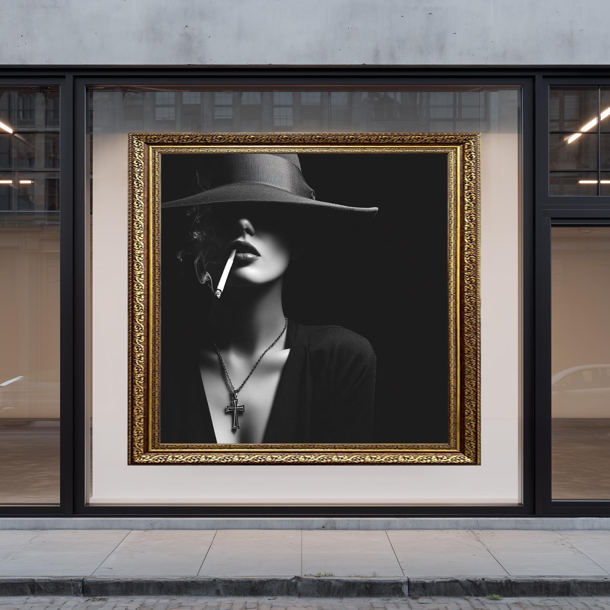 Noir Woman Portrait – Gothic Wall Art Print with Cross Necklace and Smoke Aesthetic