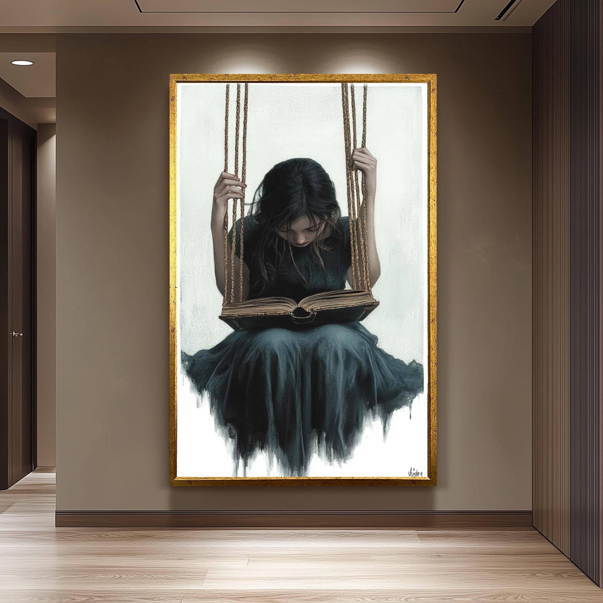 Surreal Girl Painting – Dreamlike Book Art | Hand Painted Canvas Wall Decor