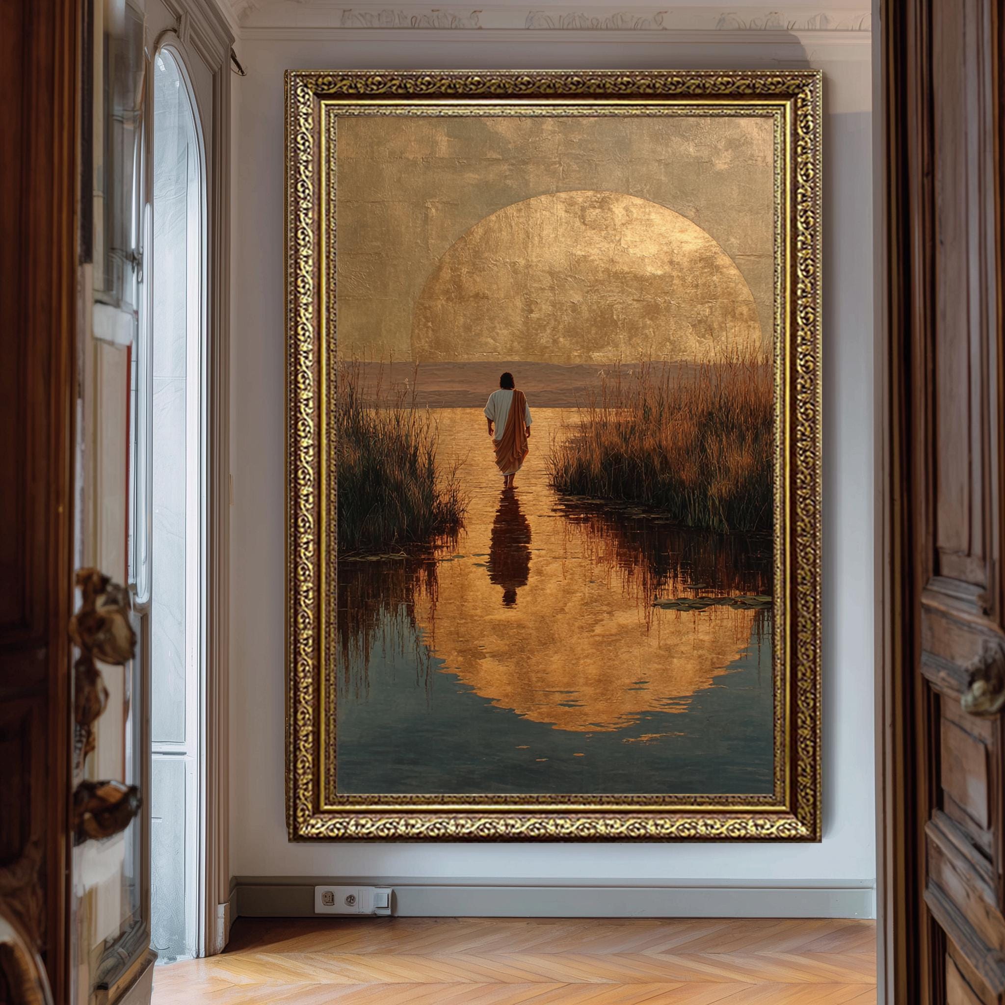 Jesus Walking on Water Art - Golden Sunset Christian Wall Art | Faith Based Poster