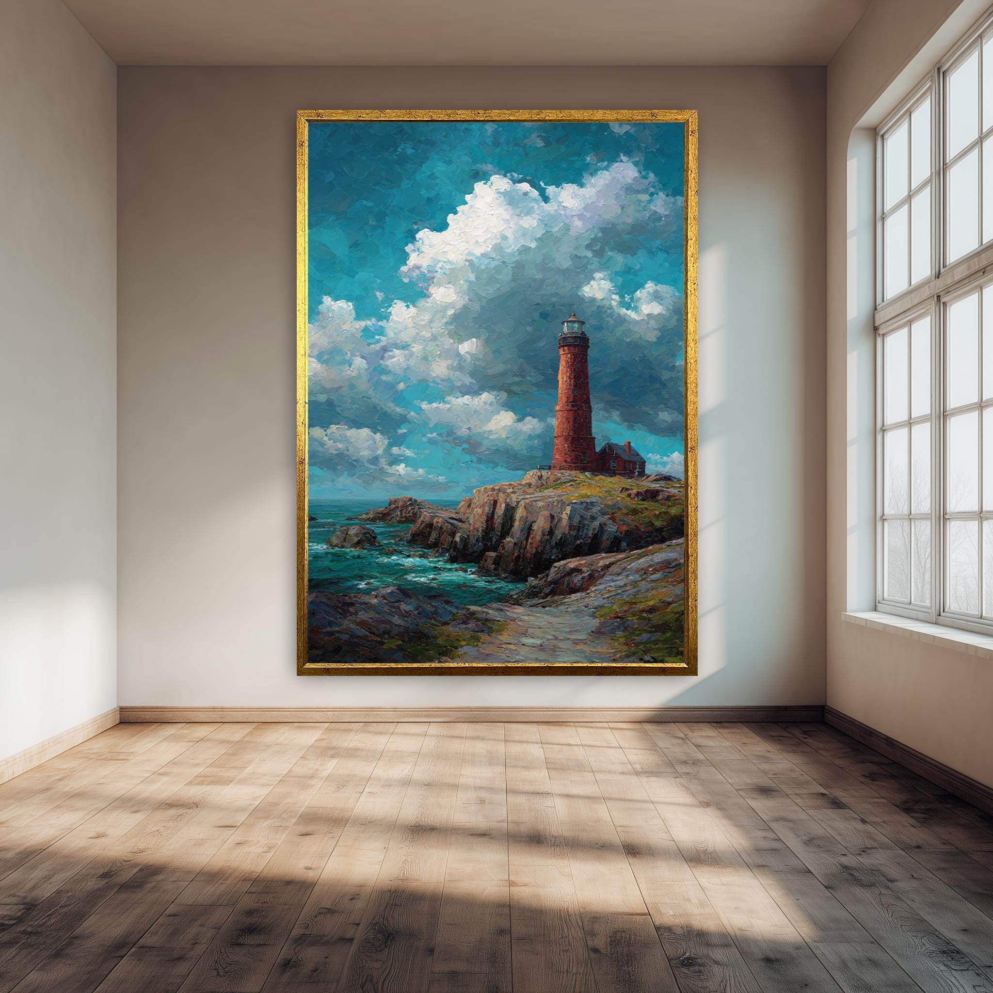 Red Lighthouse Art Print – Coastal Wall Decor | Nautical Seaside Painting on Rocky Shore Canvas