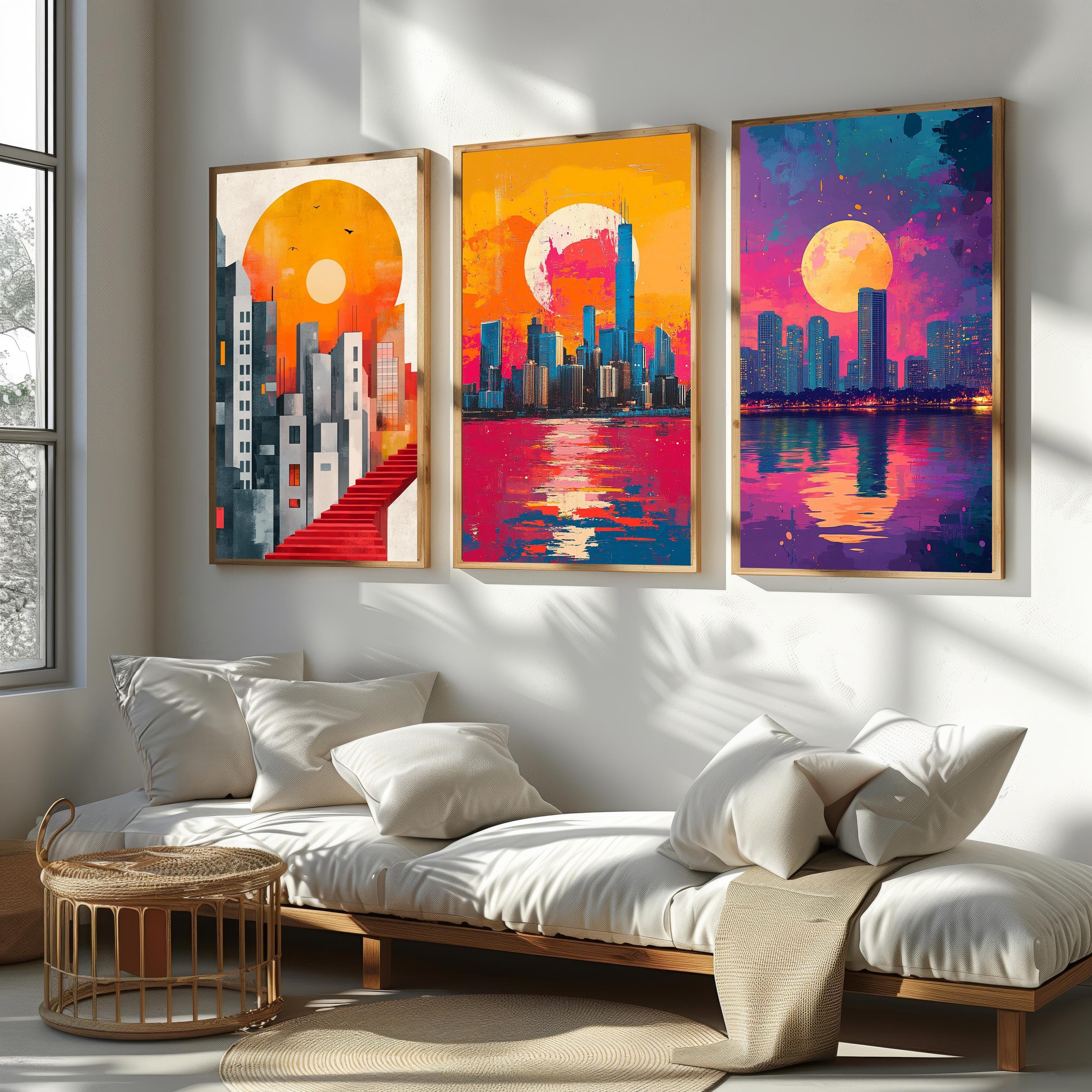 Sunset Cityscape Canvas Print – Modern Urban Skyline Wall Art Set, Vibrant 3-Piece