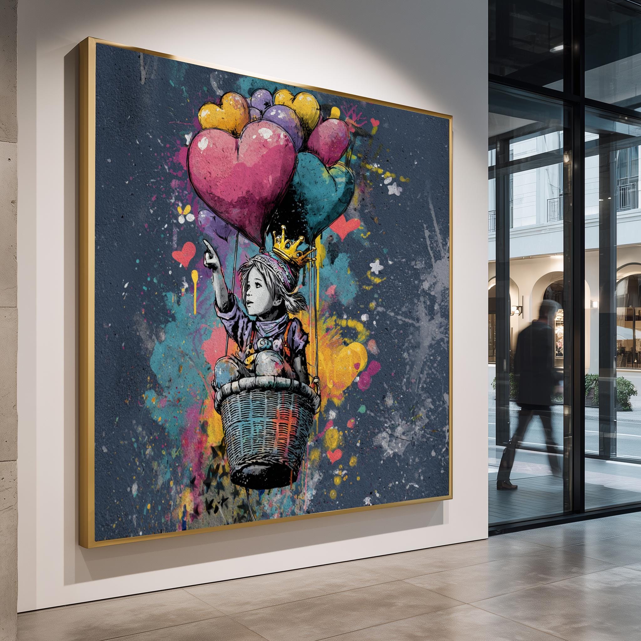 Balloon Street Art Print – Colorful Graffiti Crown Design with Heart Balloon Artwork