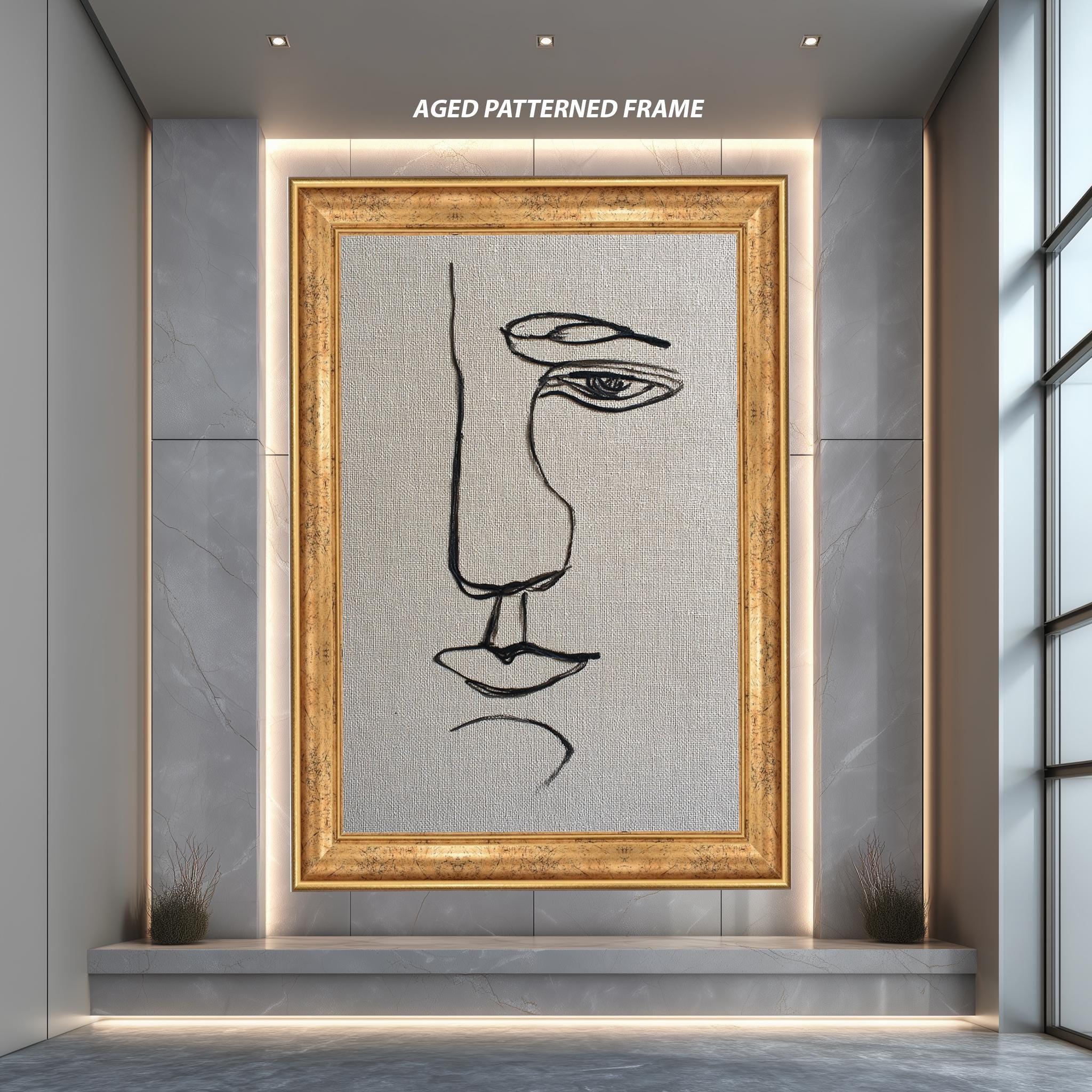 Minimal Face Line Art – Modern Abstract Portrait Print on Linen Canvas Texture | Japandi Wall Decor