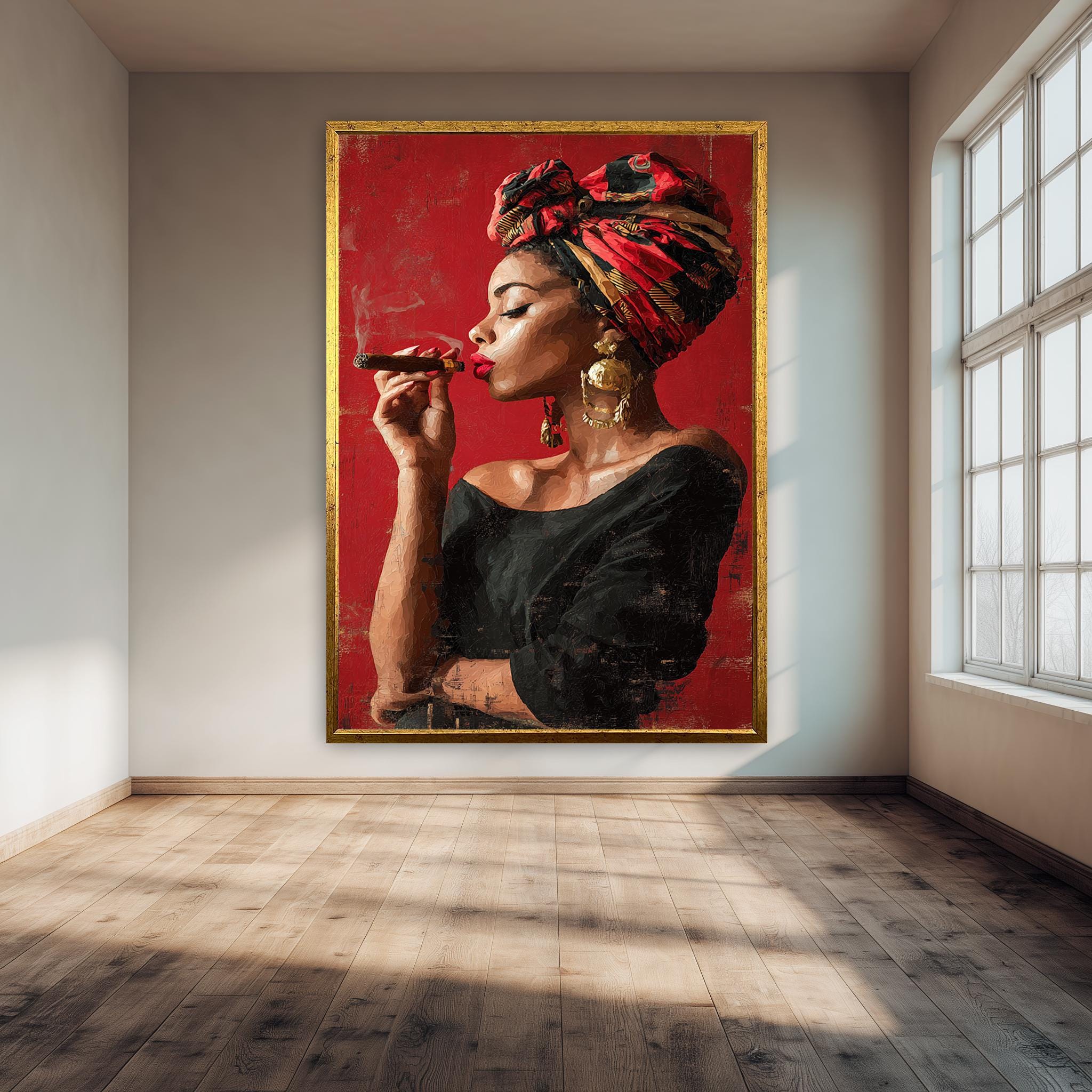 Afro Woman Canvas Art – Bold Red Headwrap Portrait | Modern Black Art Decor